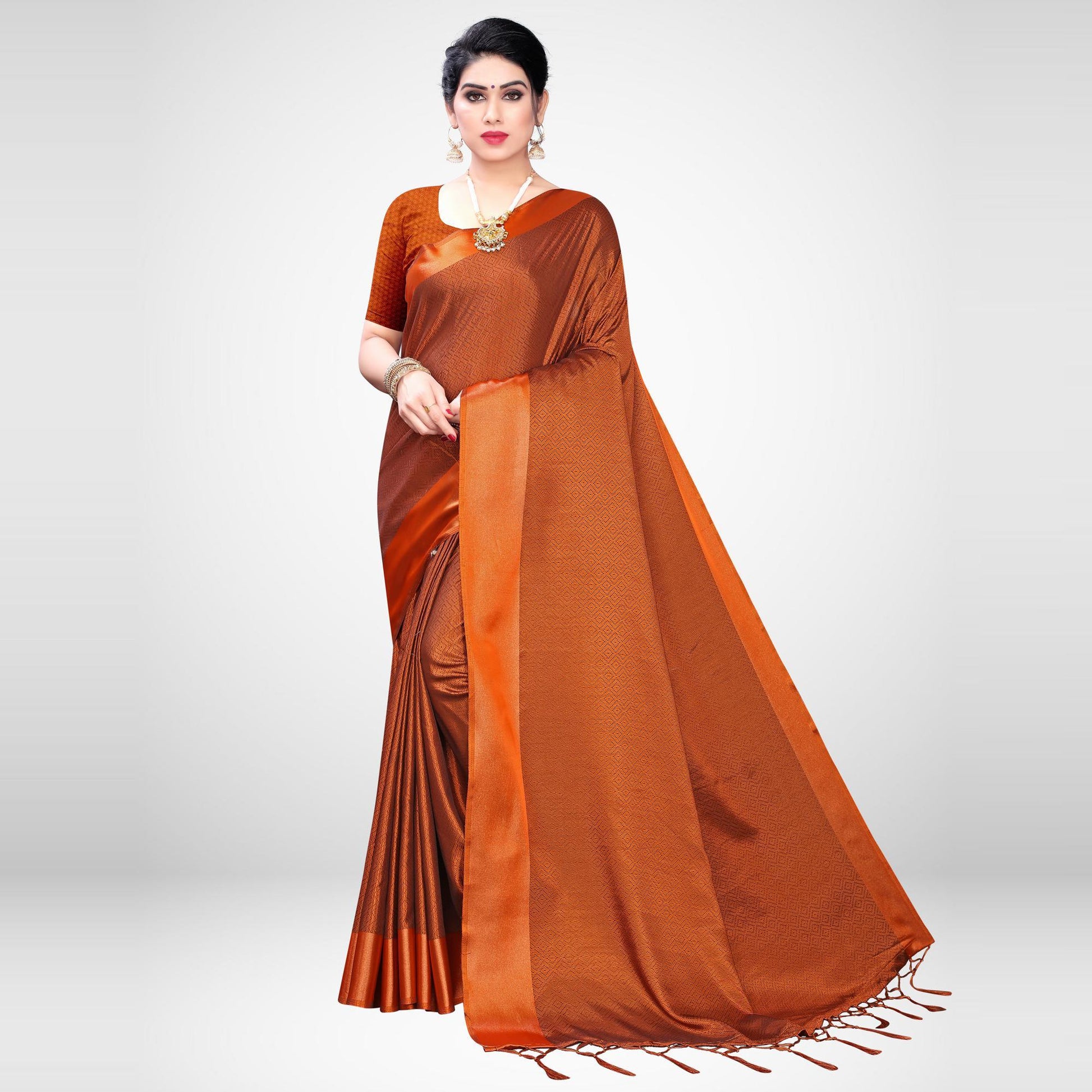 Demanding Rust Colored Festive Wear Woven Satin Saree