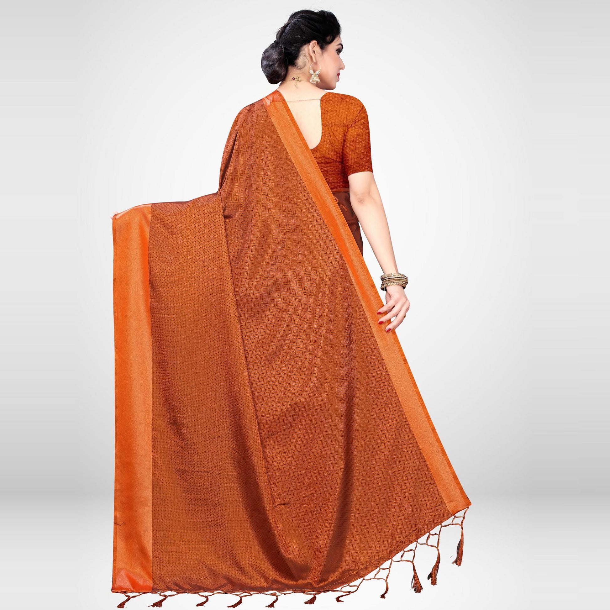 Demanding Rust Colored Festive Wear Woven Satin Saree