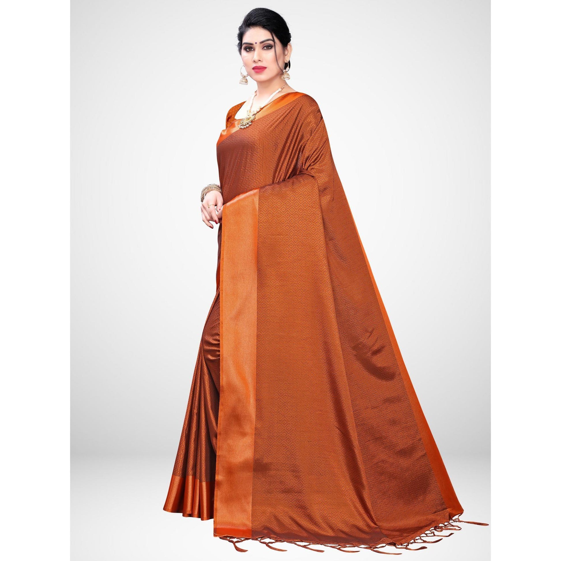 Demanding Rust Colored Festive Wear Woven Satin Saree