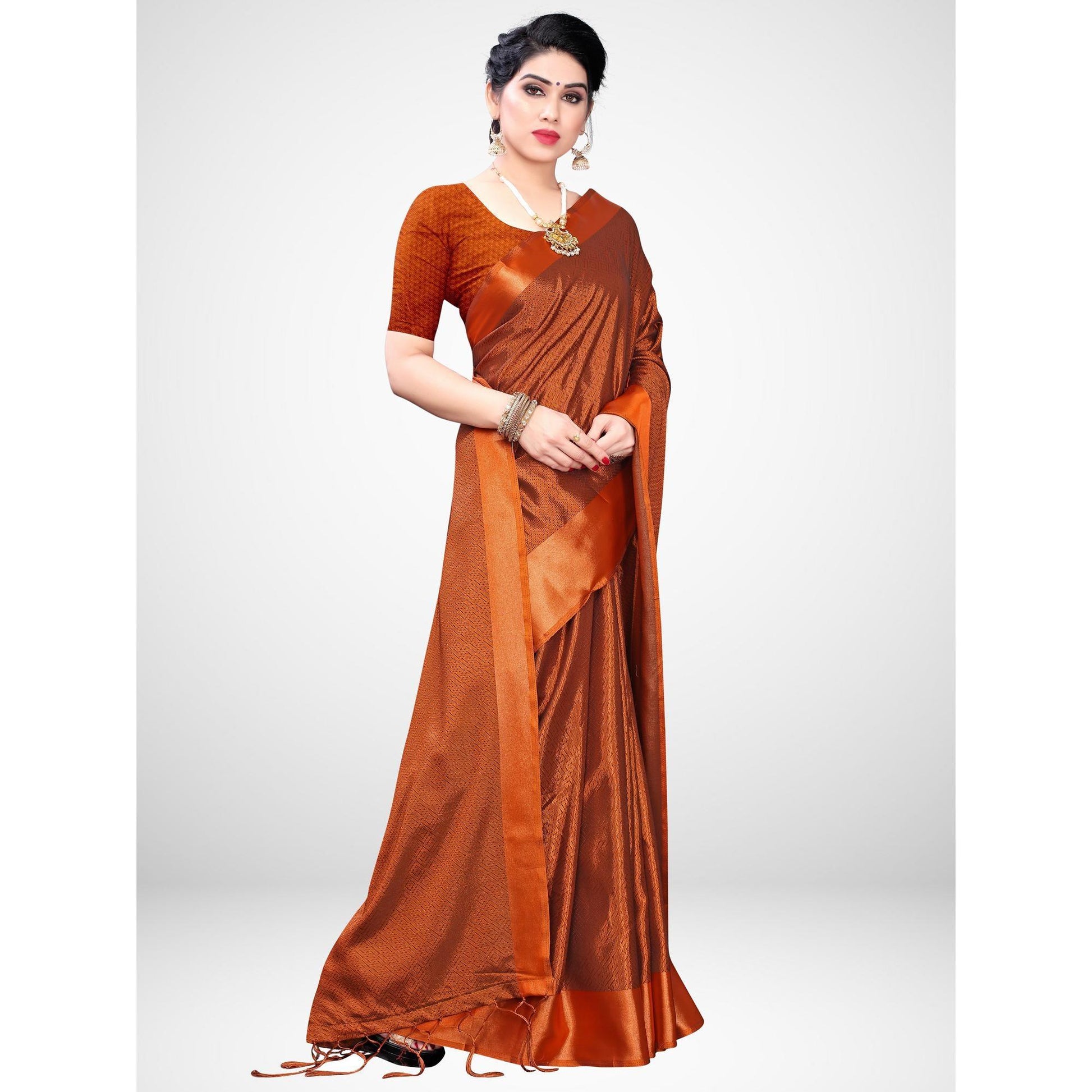 Demanding Rust Colored Festive Wear Woven Satin Saree