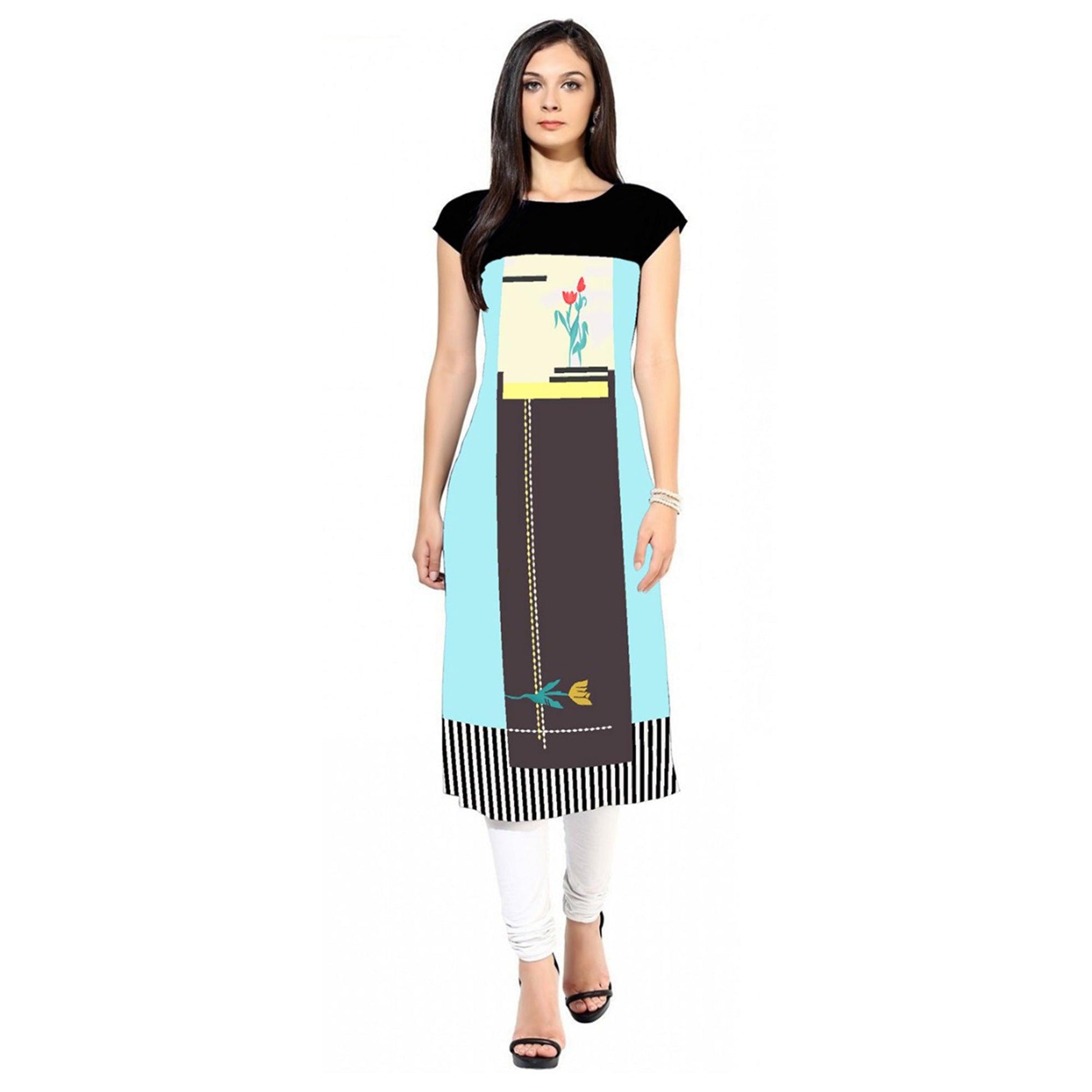 Demanding Sky Blue-Multi Colored Casual Printed Crepe Kurti