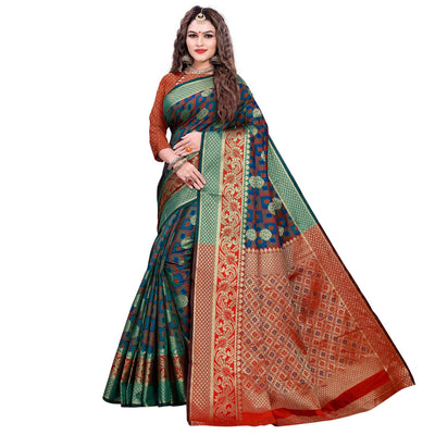 Demanding Turquoise Green-Green Colored Festive Wear Woven Cotton Silk Jacquard Saree