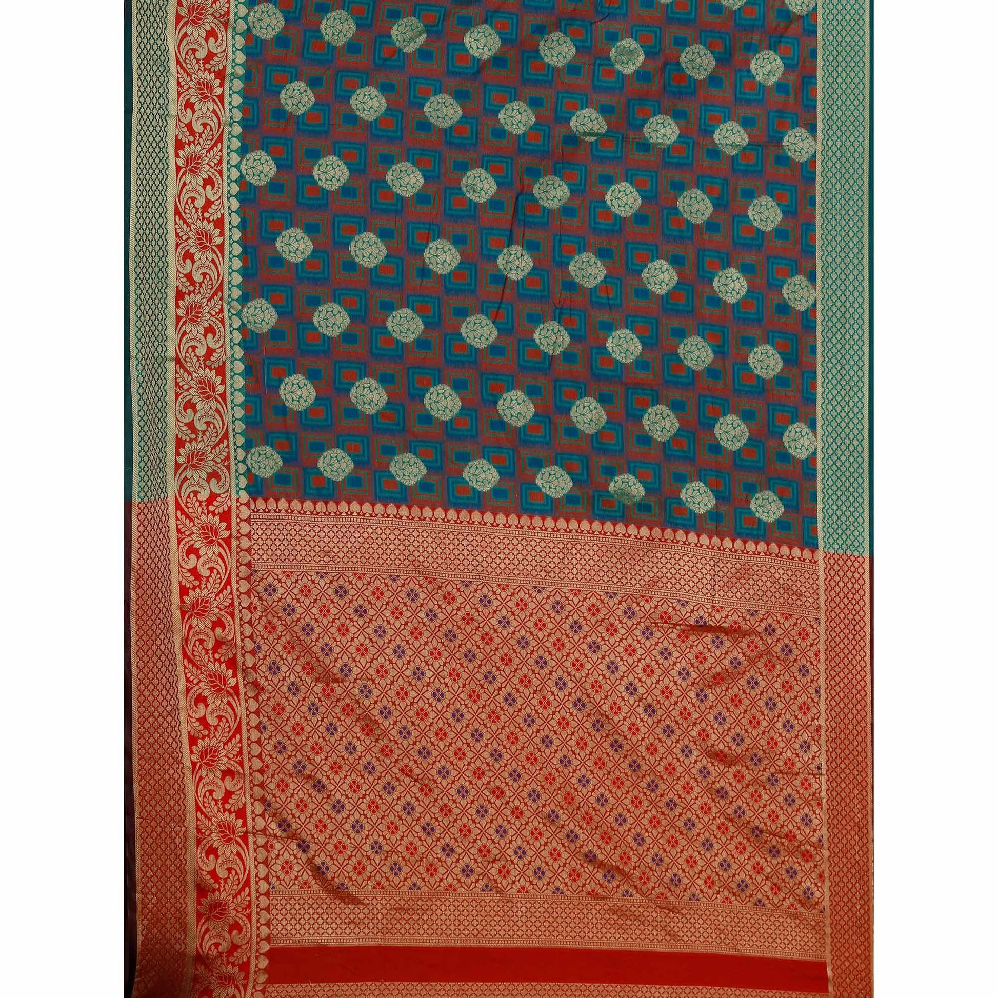 Demanding Turquoise Green-Green Colored Festive Wear Woven Cotton Silk Jacquard Saree