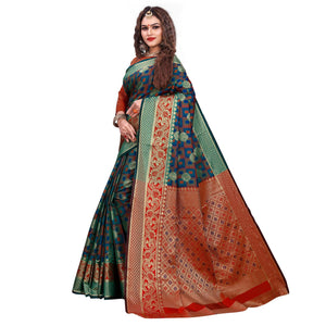 Demanding Turquoise Green-Green Colored Festive Wear Woven Cotton Silk Jacquard Saree