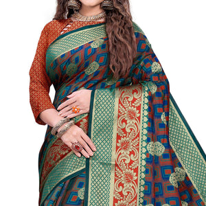 Demanding Turquoise Green-Green Colored Festive Wear Woven Cotton Silk Jacquard Saree