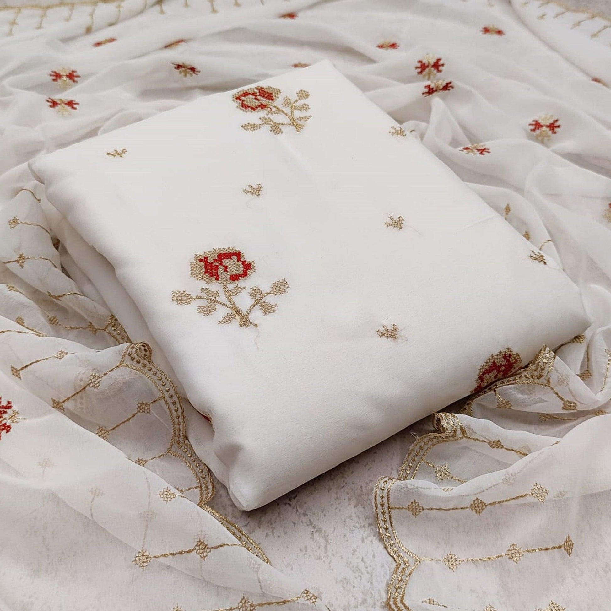 Demanding White Colored Casual Wear Embroidered Georgette Dress Material
