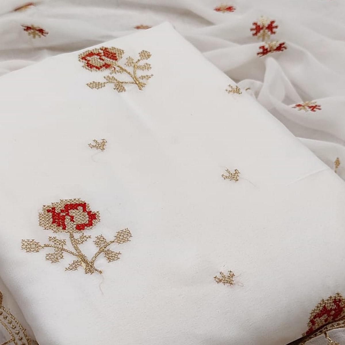 Demanding White Colored Casual Wear Embroidered Georgette Dress Material