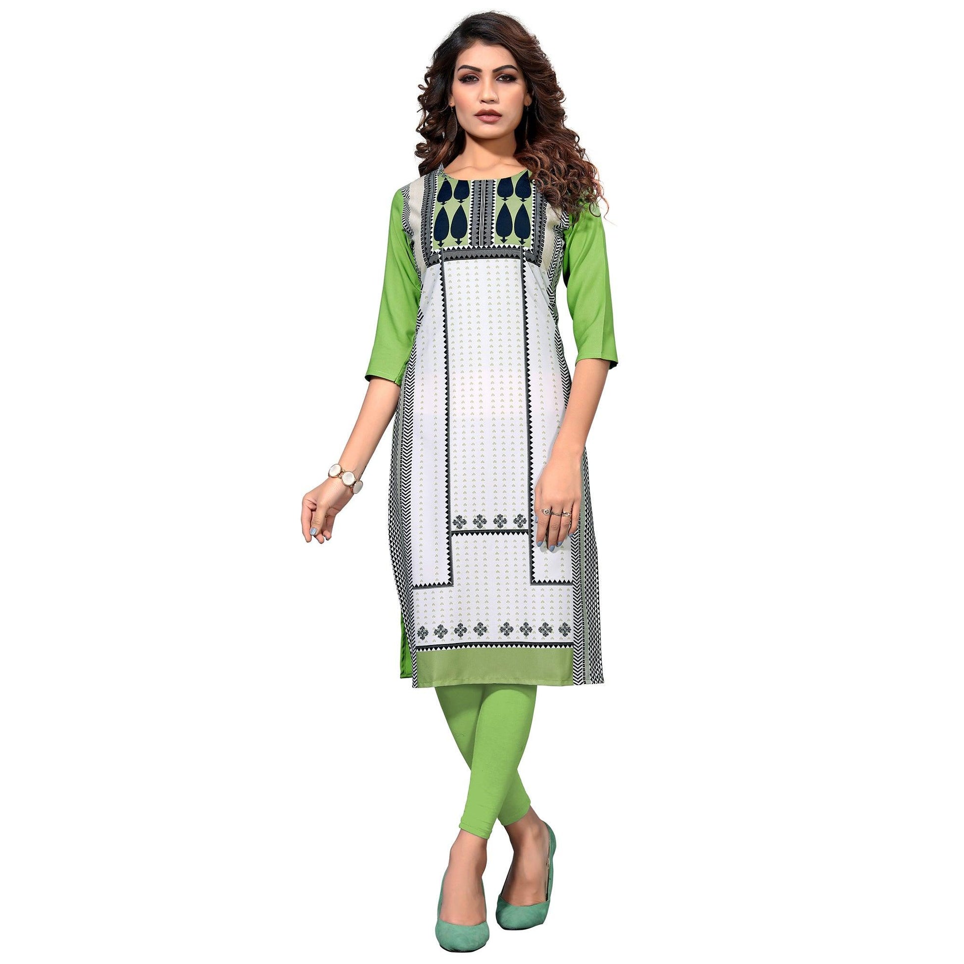 Demanding White-Pista Green Colored Casual Digital Printed Crepe Kurti