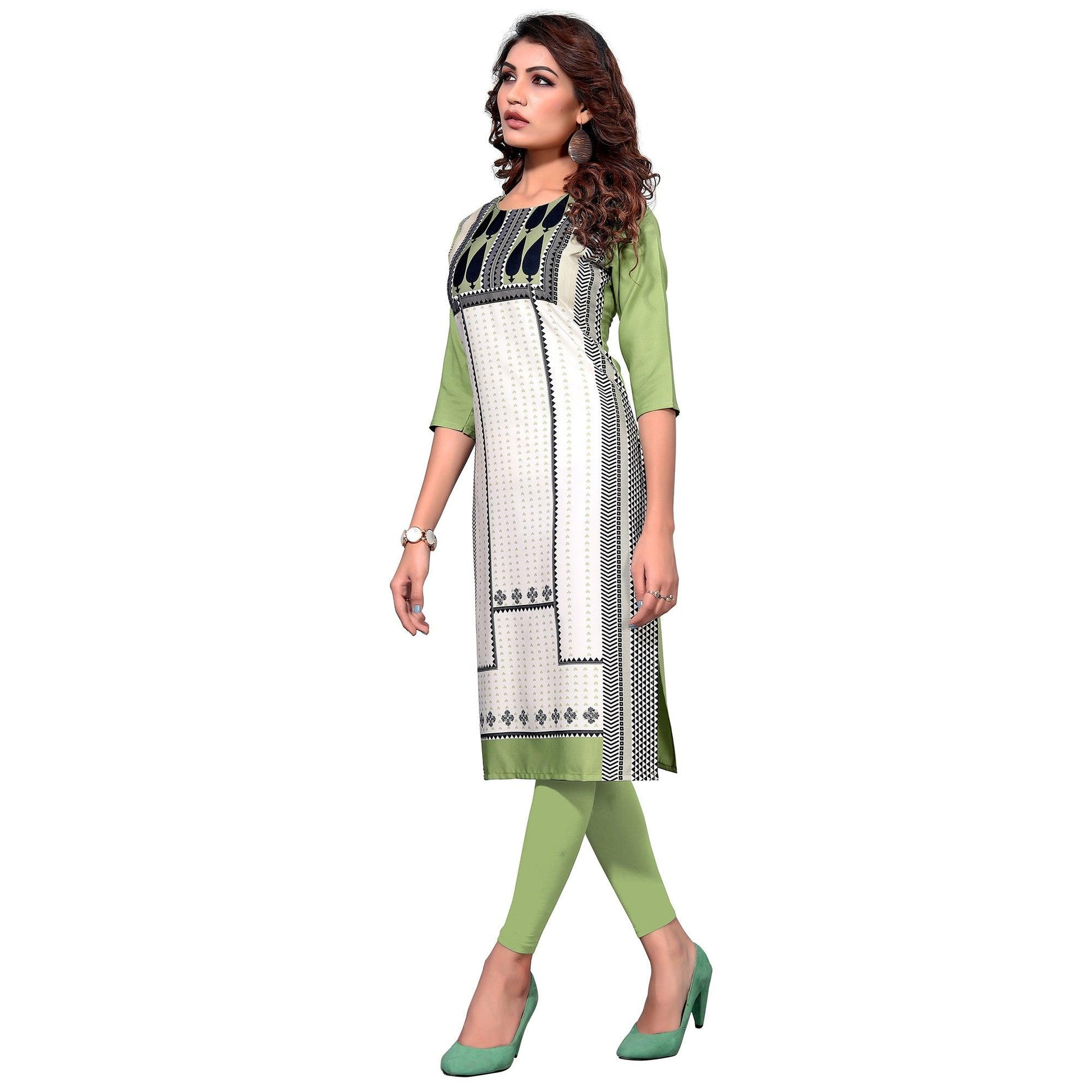 Demanding White-Pista Green Colored Casual Digital Printed Crepe Kurti