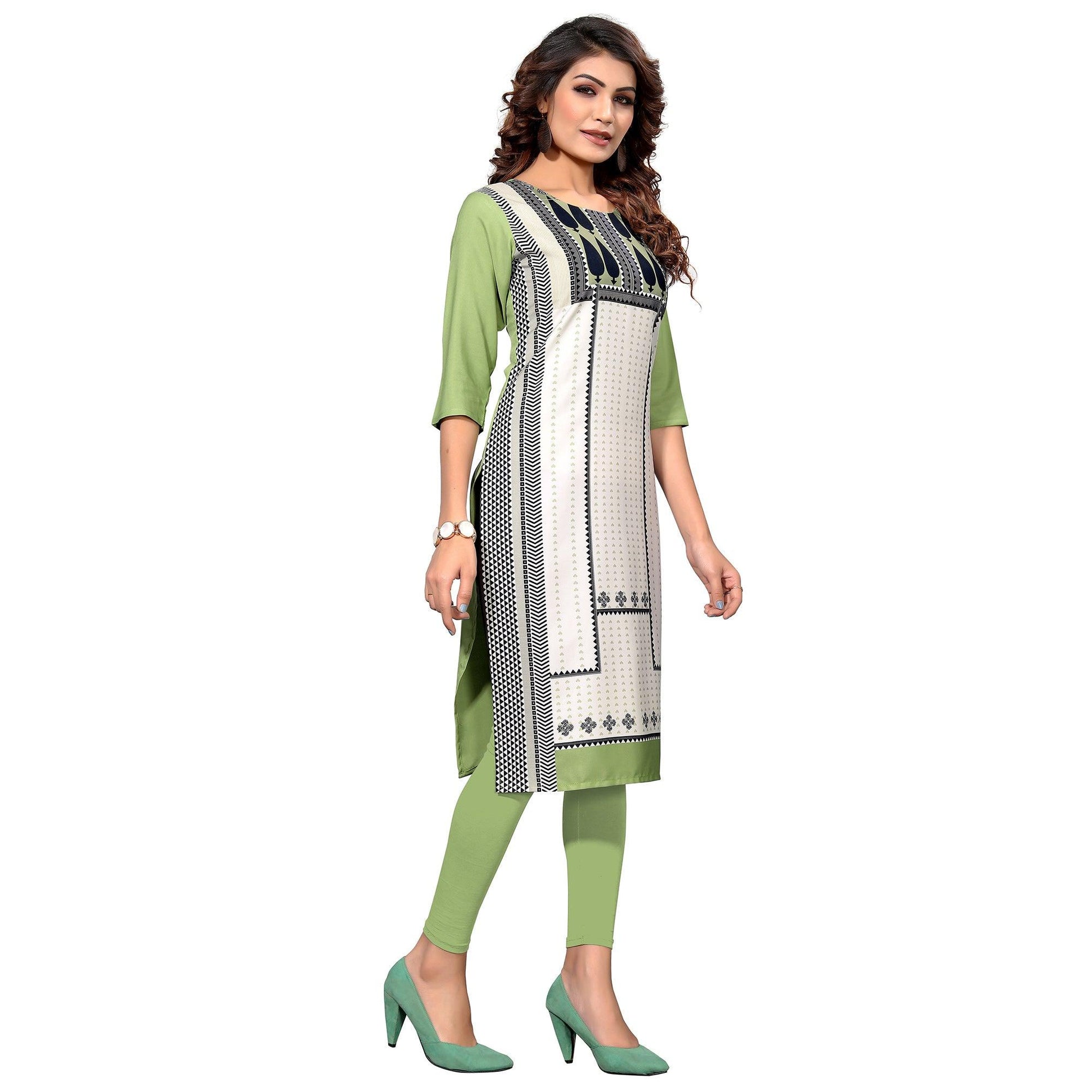 Demanding White-Pista Green Colored Casual Digital Printed Crepe Kurti