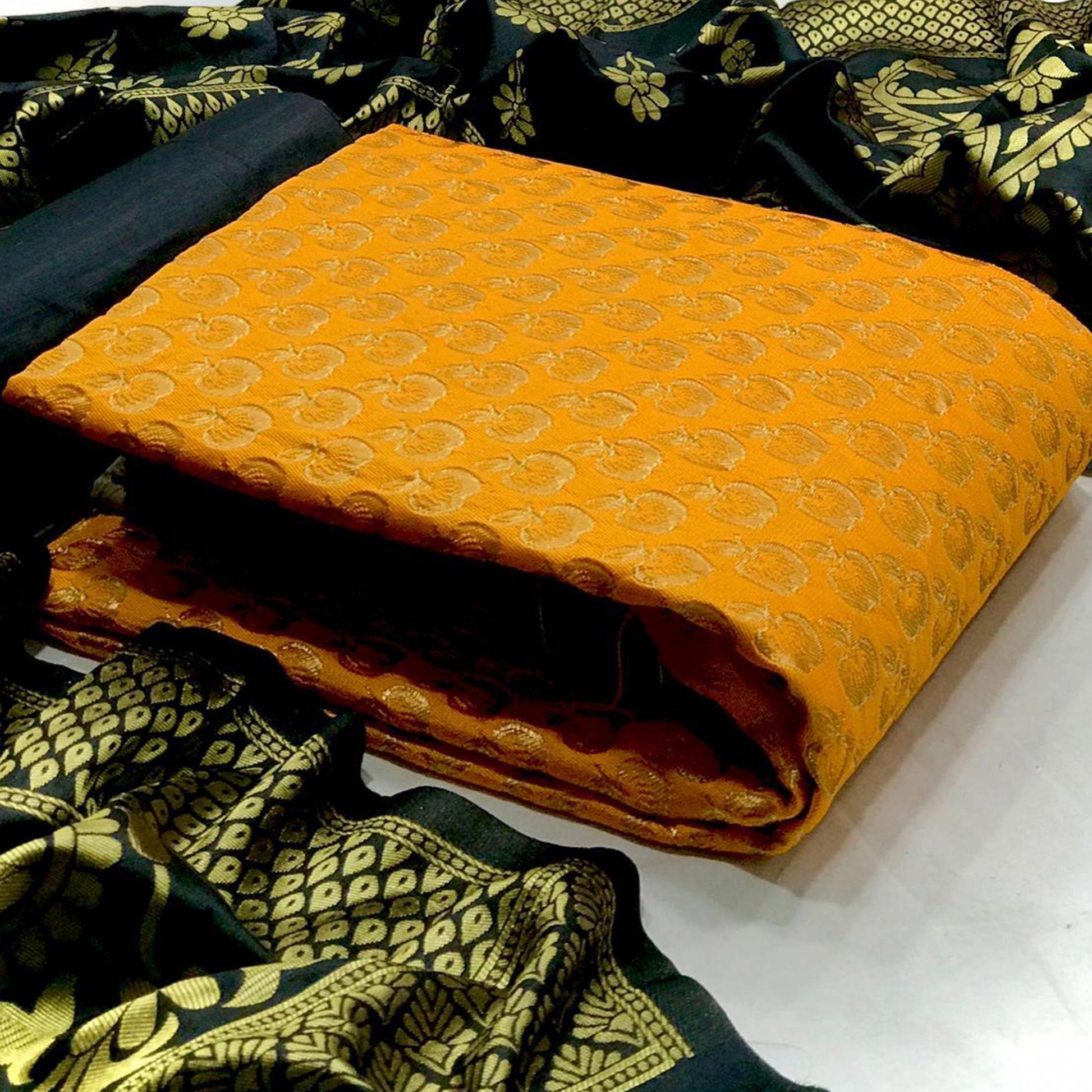 Demanding Yellow Colored Casual Wear Woven Banarasi Silk Dress Material
