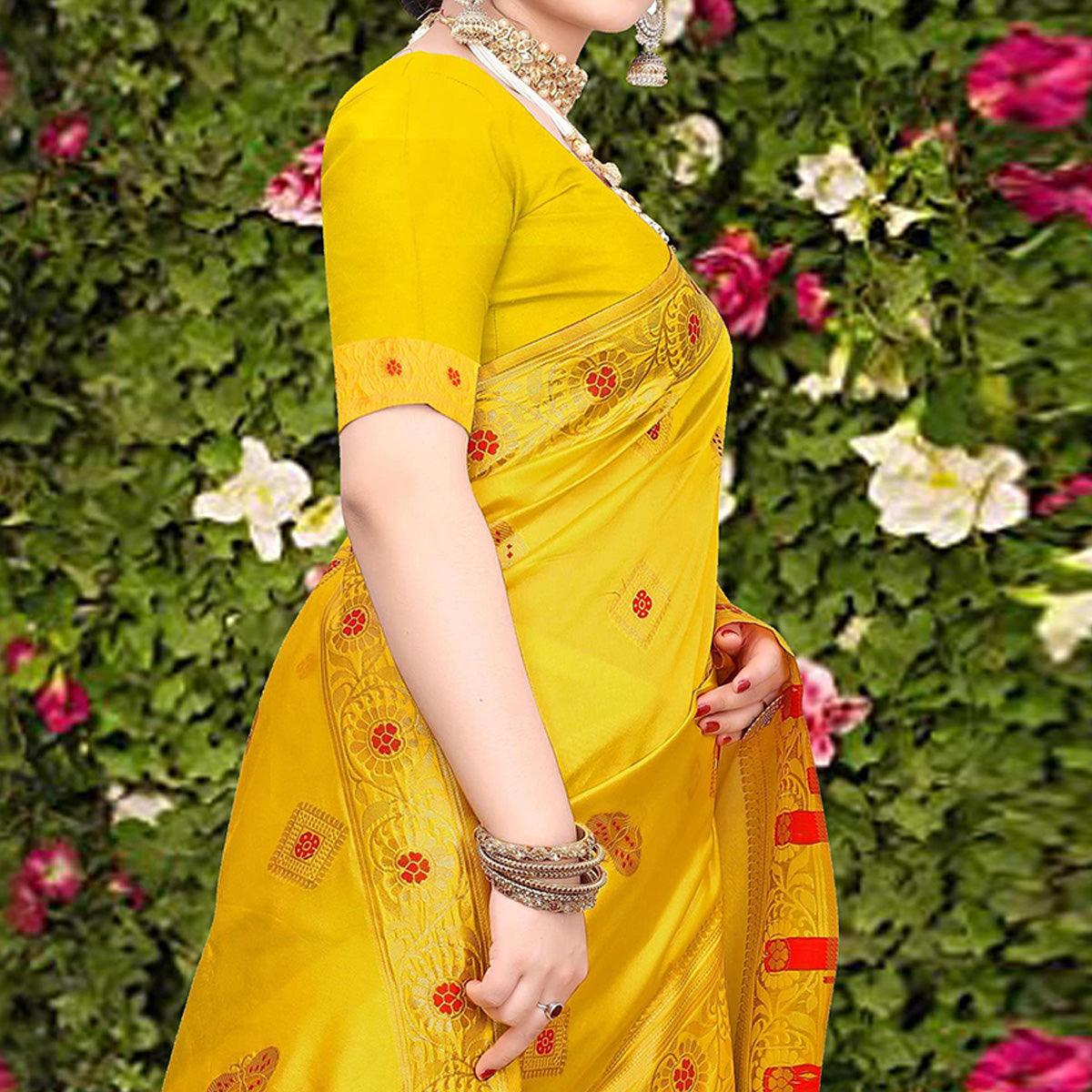 Demanding Yellow Colored Festive Wear Woven Banarasi Silk Saree