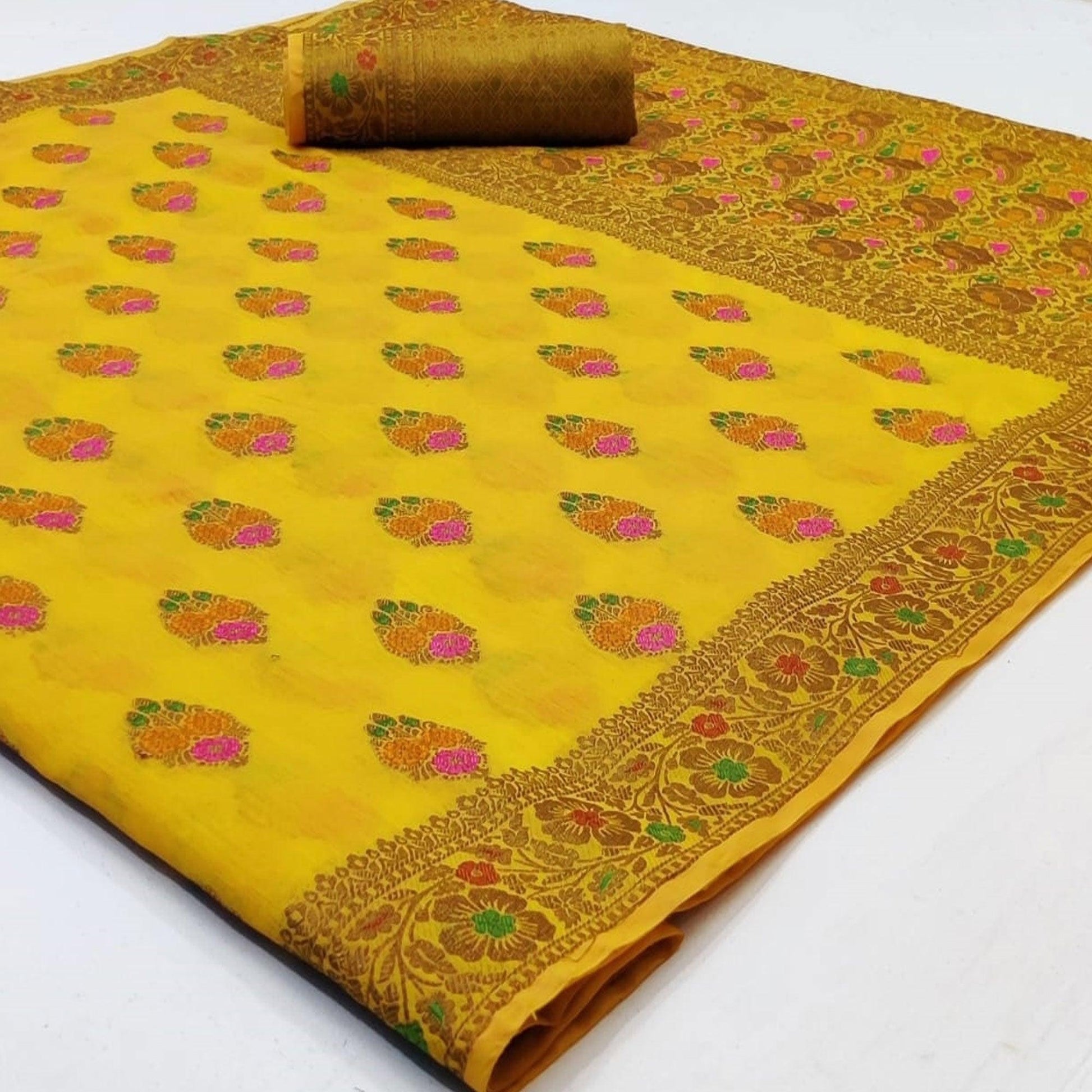 Demanding Yellow Colored Festive Wear Woven Cotton Saree