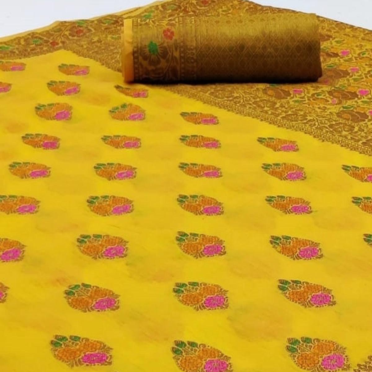 Demanding Yellow Colored Festive Wear Woven Cotton Saree