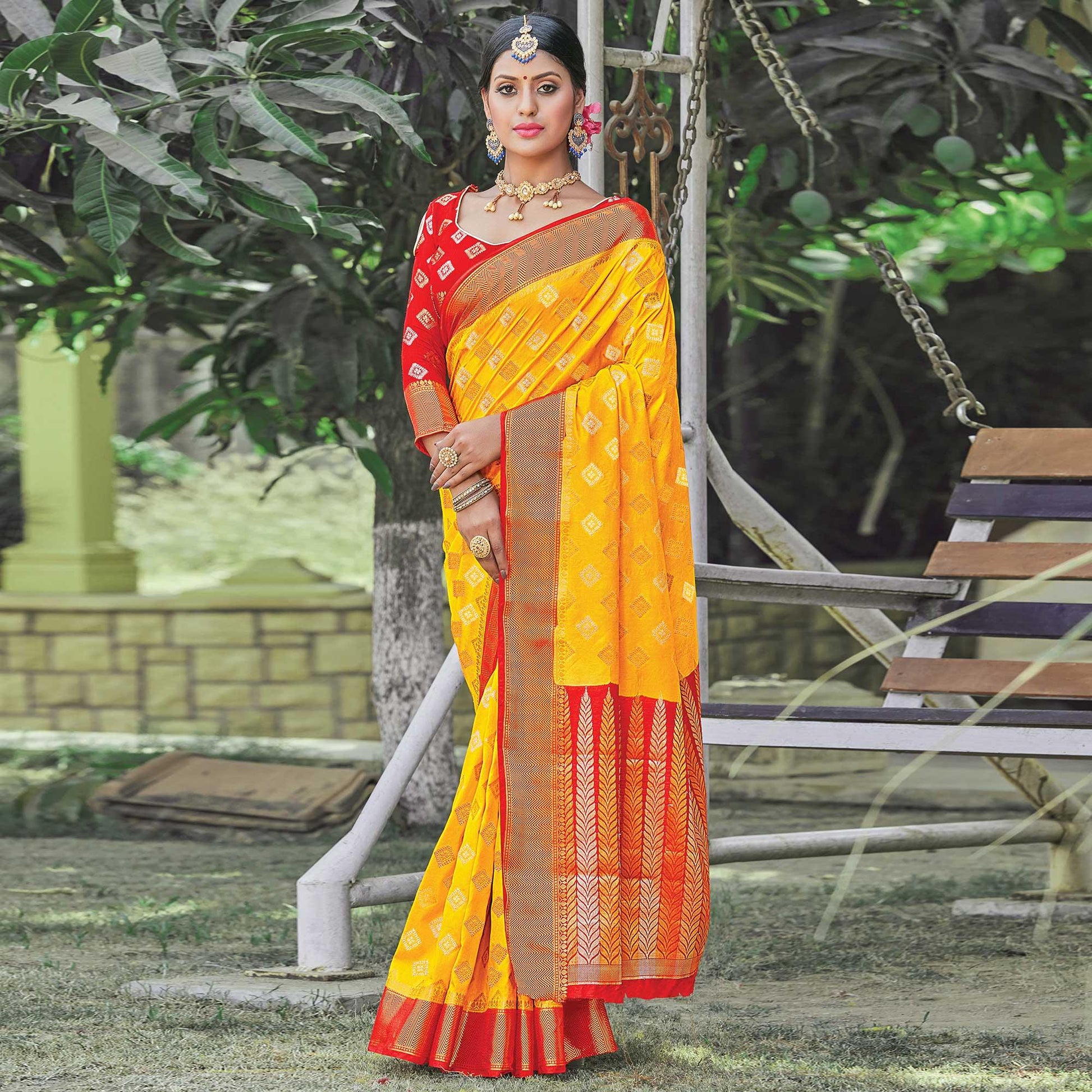Demanding Yellow Colored Festive Wear Woven Silk Saree