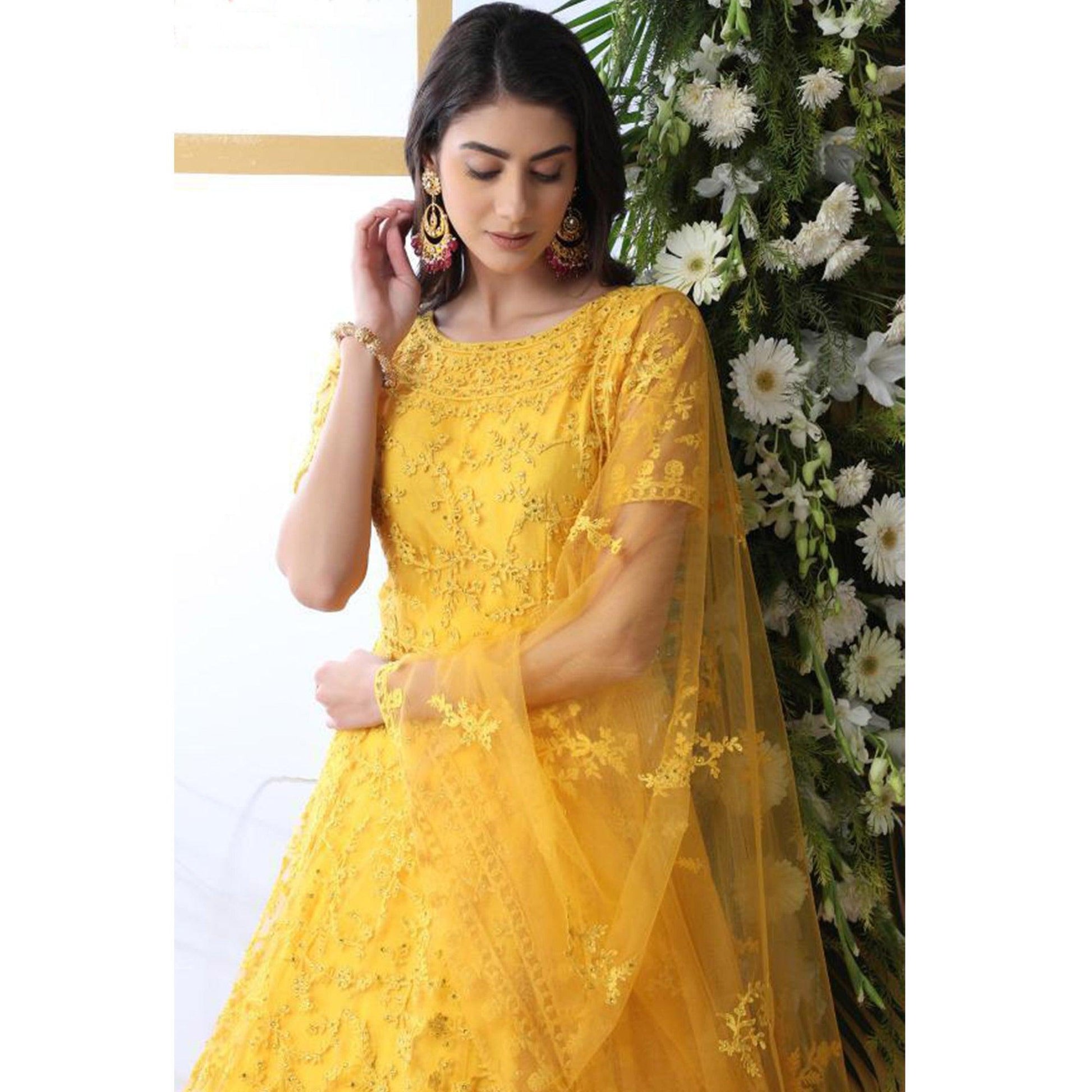 Demanding Yellow Colored Party Wear Embroidered Net Gown With Dupatta