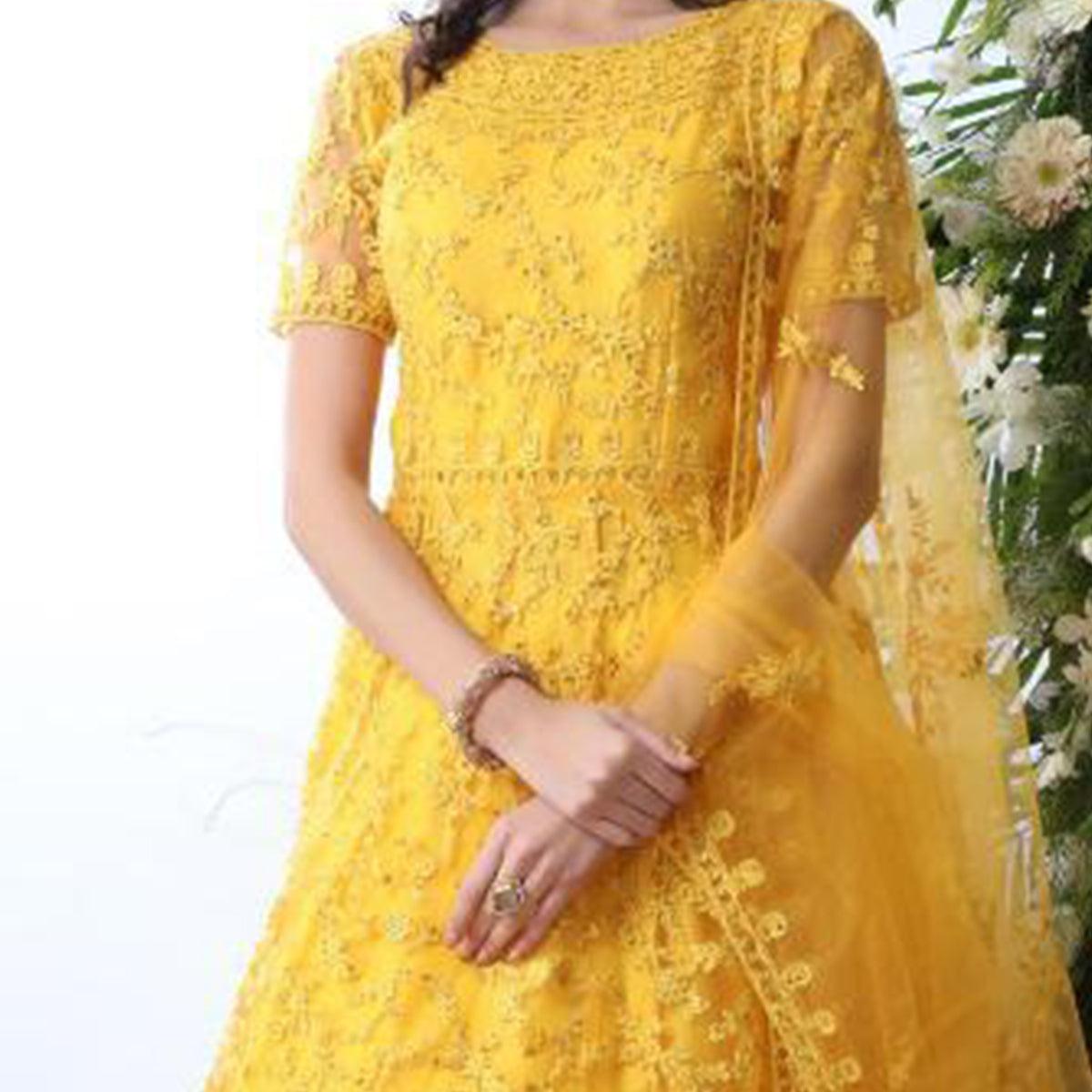 Demanding Yellow Colored Party Wear Embroidered Net Gown With Dupatta