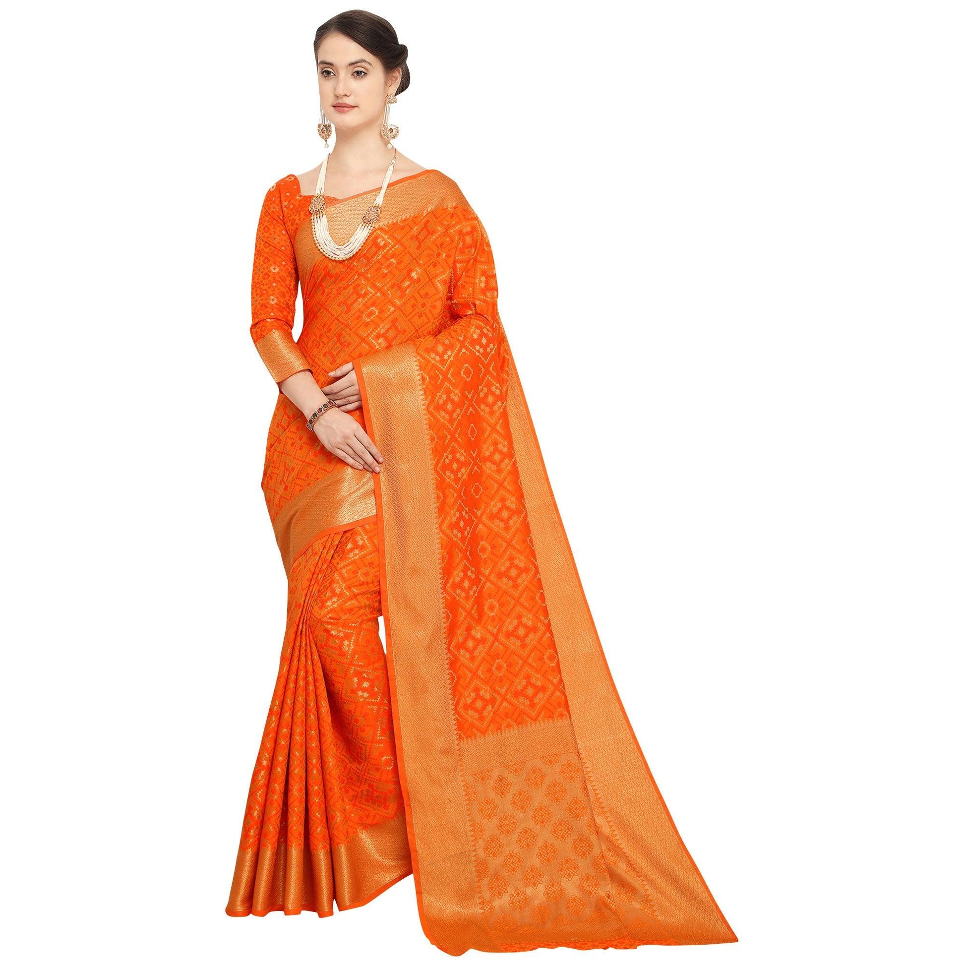 Deserving Orange Colored Festive Wear Woven Wear Silk Saree