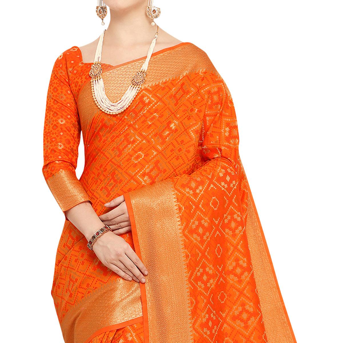 Deserving Orange Colored Festive Wear Woven Wear Silk Saree