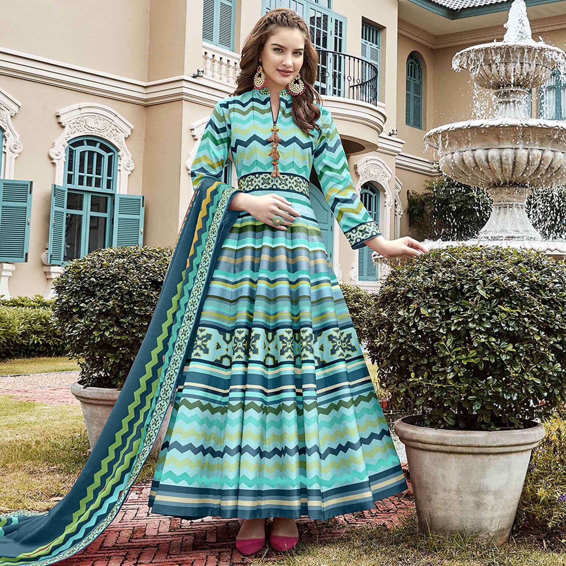 Designer Sky Blue Digital Patola Printed Heavy Pure Killer Silk Anarkali Suit