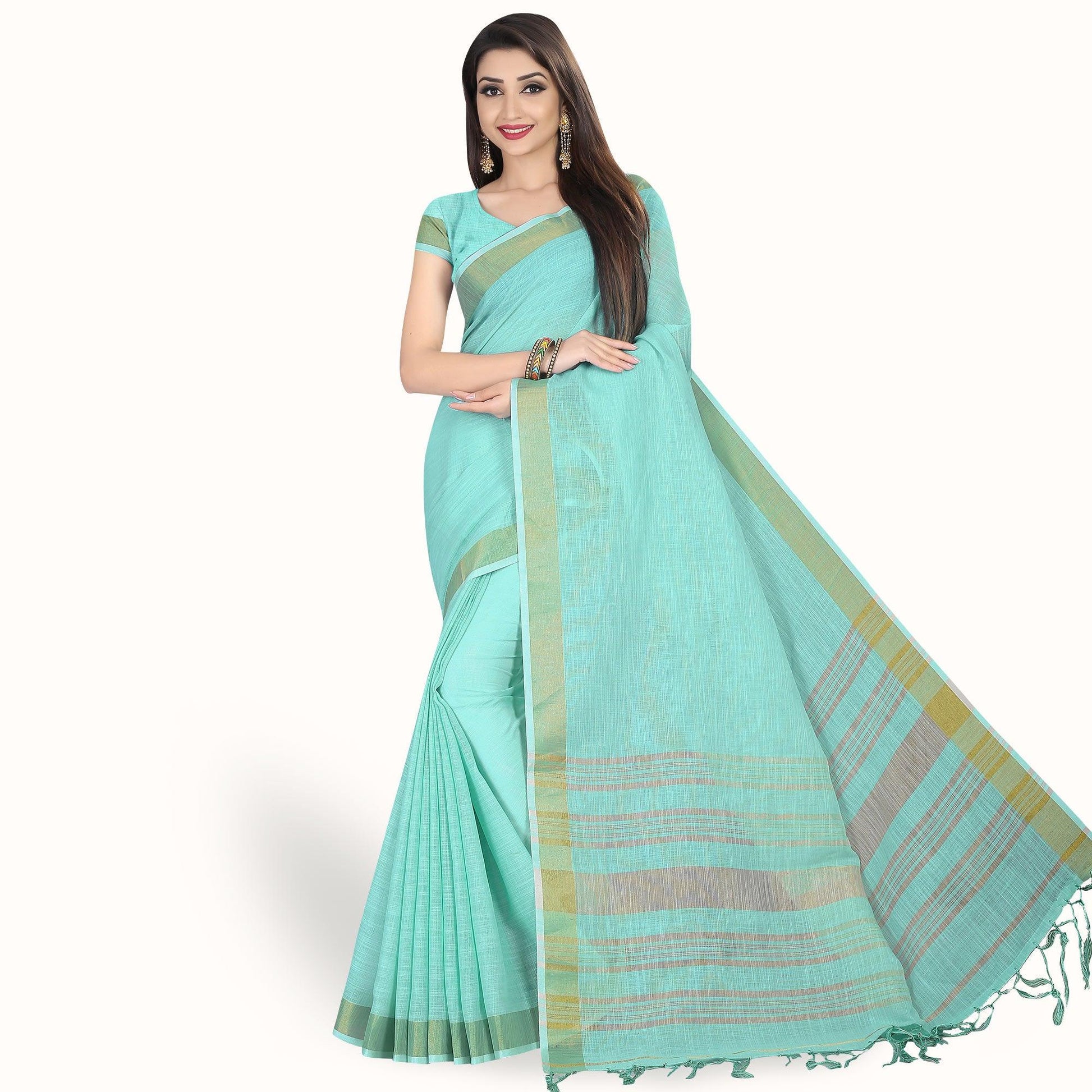 Desirable Aqua Blue Colored Festive Wear Cotton Linen Saree
