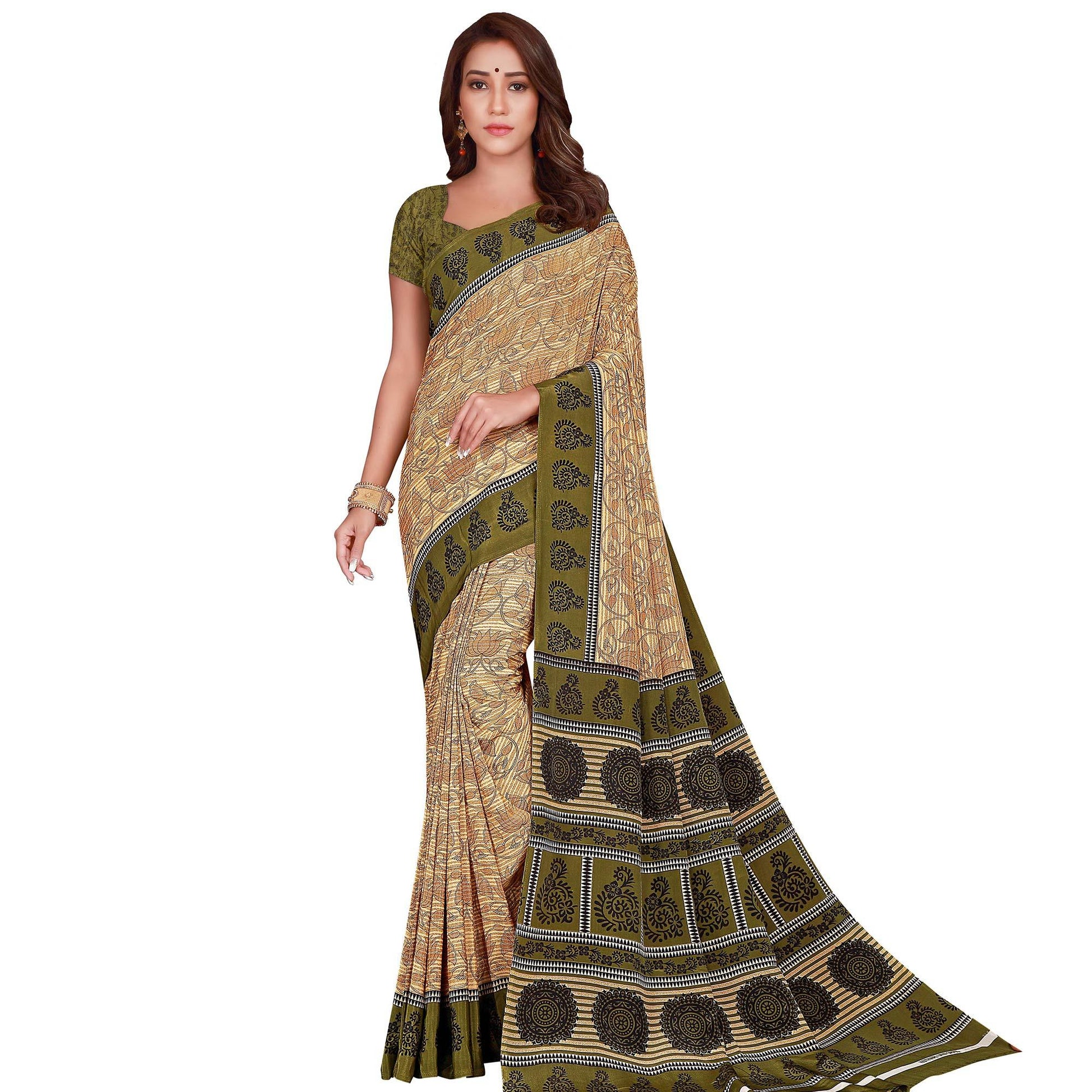 Desirable Beige Colored Casual Wear Printed Crepe Saree