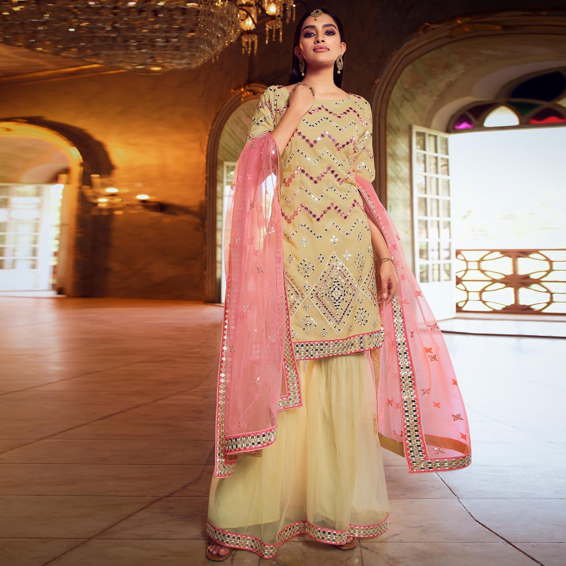 Desirable Beige Coloured Partywear Thread Foil Mirror Work Organza Pallazo Suit