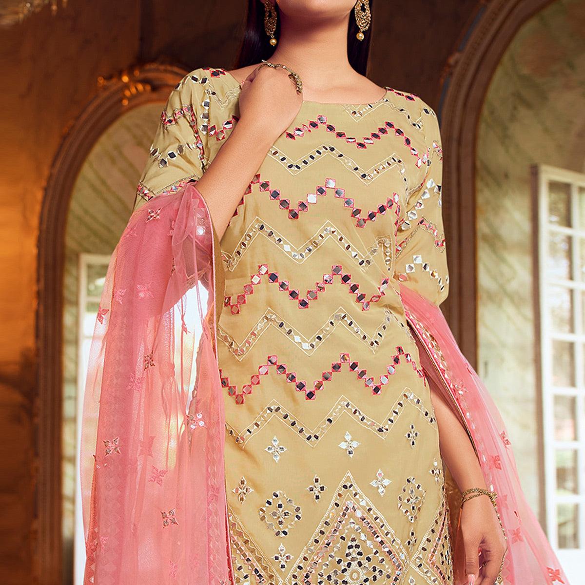 Desirable Beige Coloured Partywear Thread Foil Mirror Work Organza Pallazo Suit