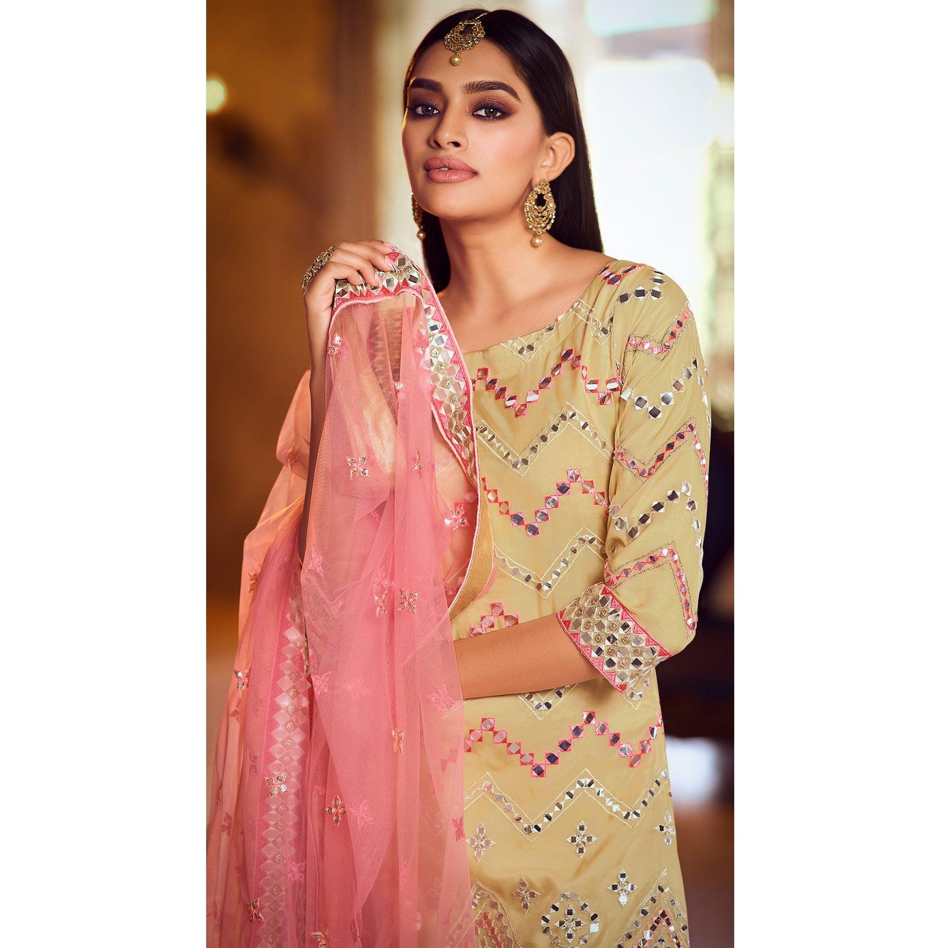 Desirable Beige Coloured Partywear Thread Foil Mirror Work Organza Pallazo Suit