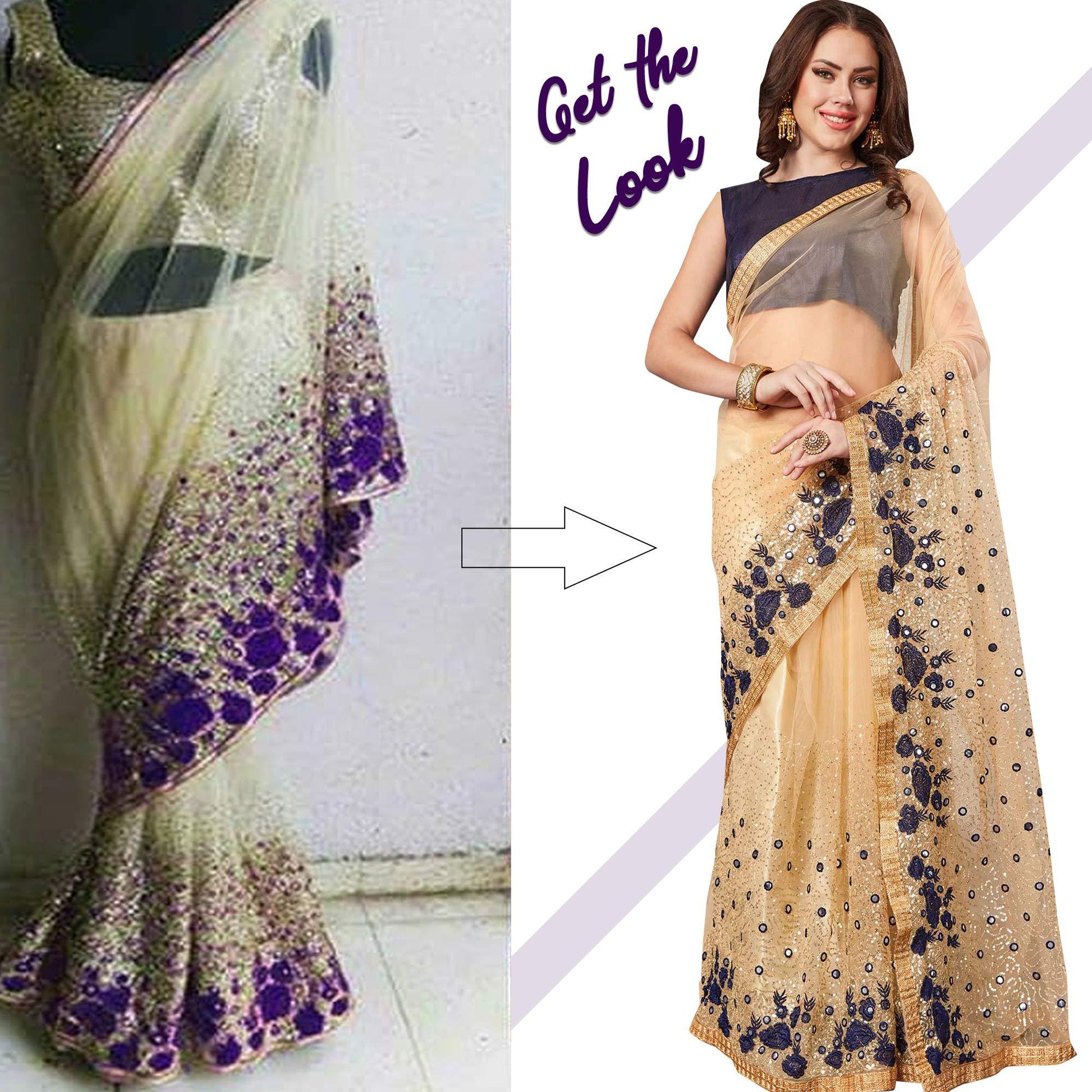 Desirable Beige Navy Blue Colored Partywear Embroidered Netted Saree