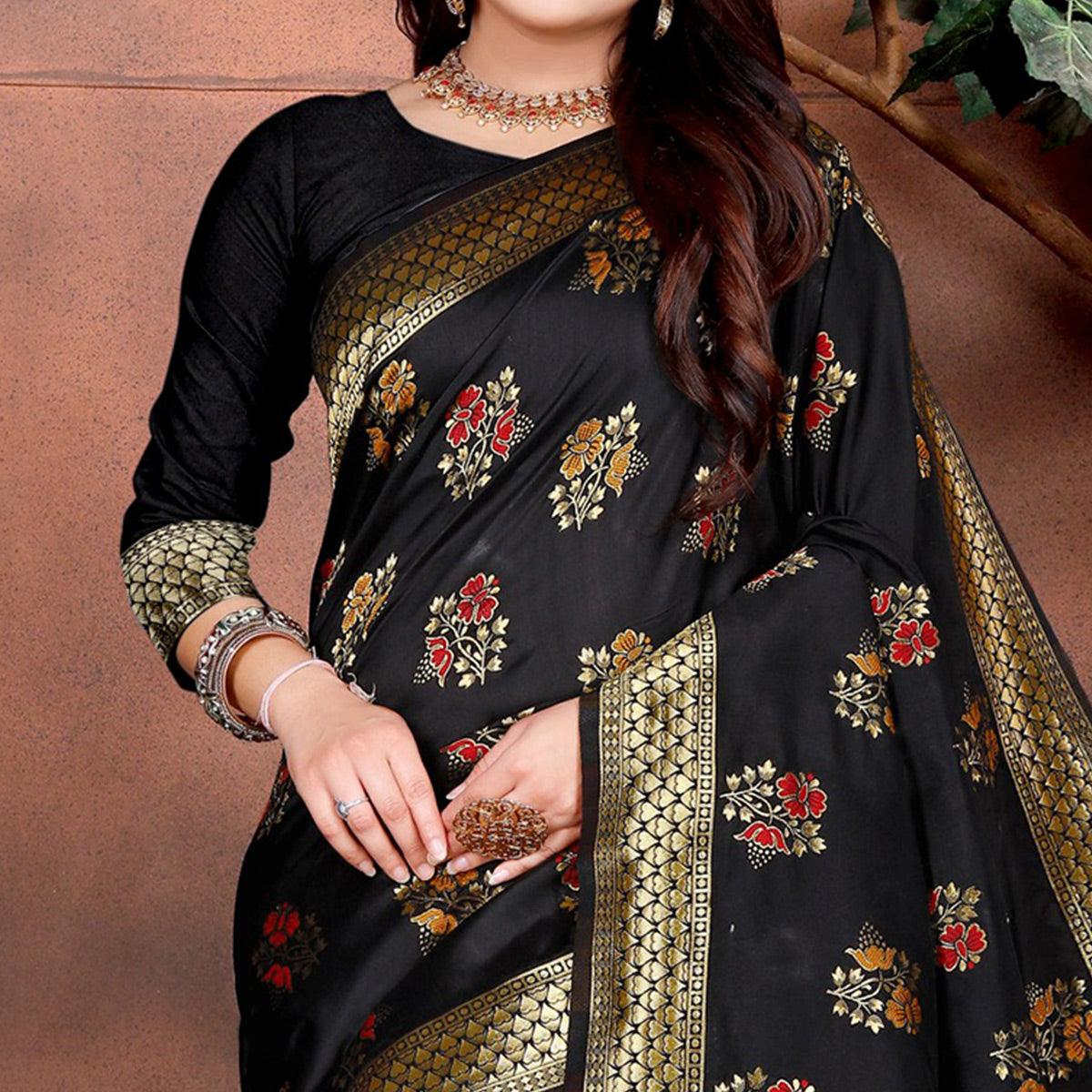 Desirable Black Colored Festive Wear Woven Silk Saree