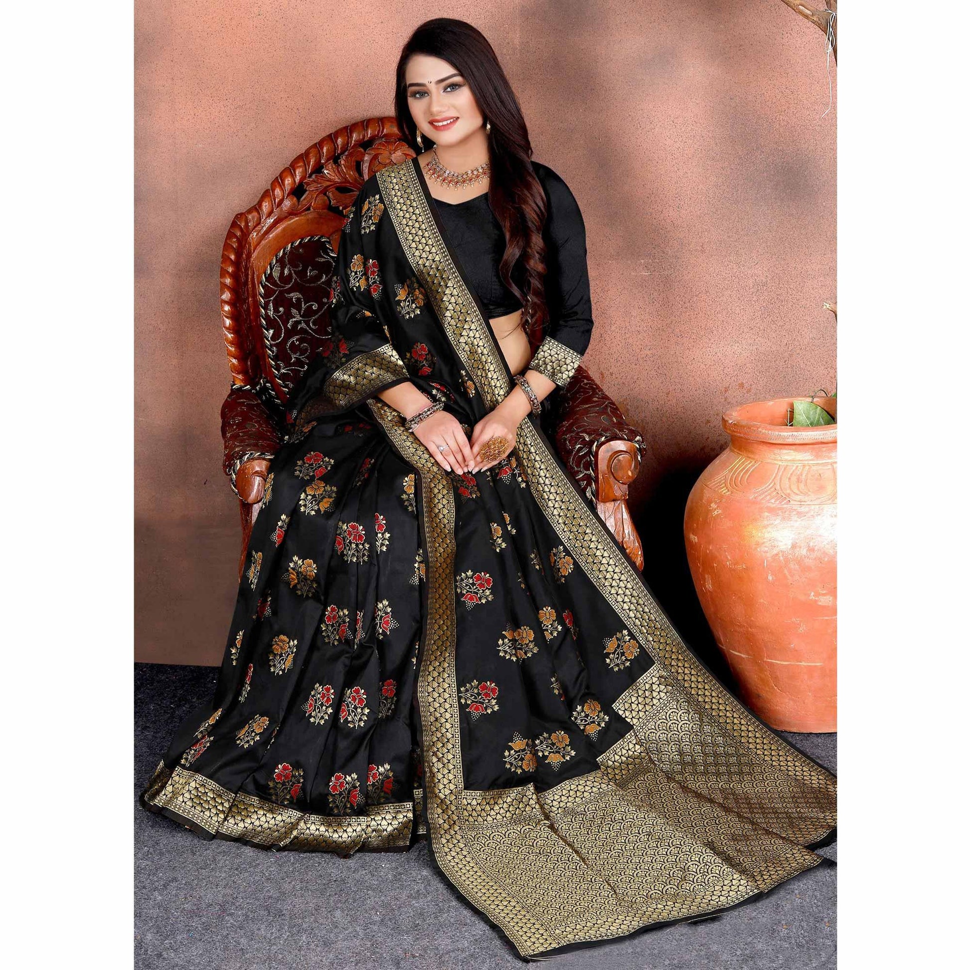 Desirable Black Colored Festive Wear Woven Silk Saree