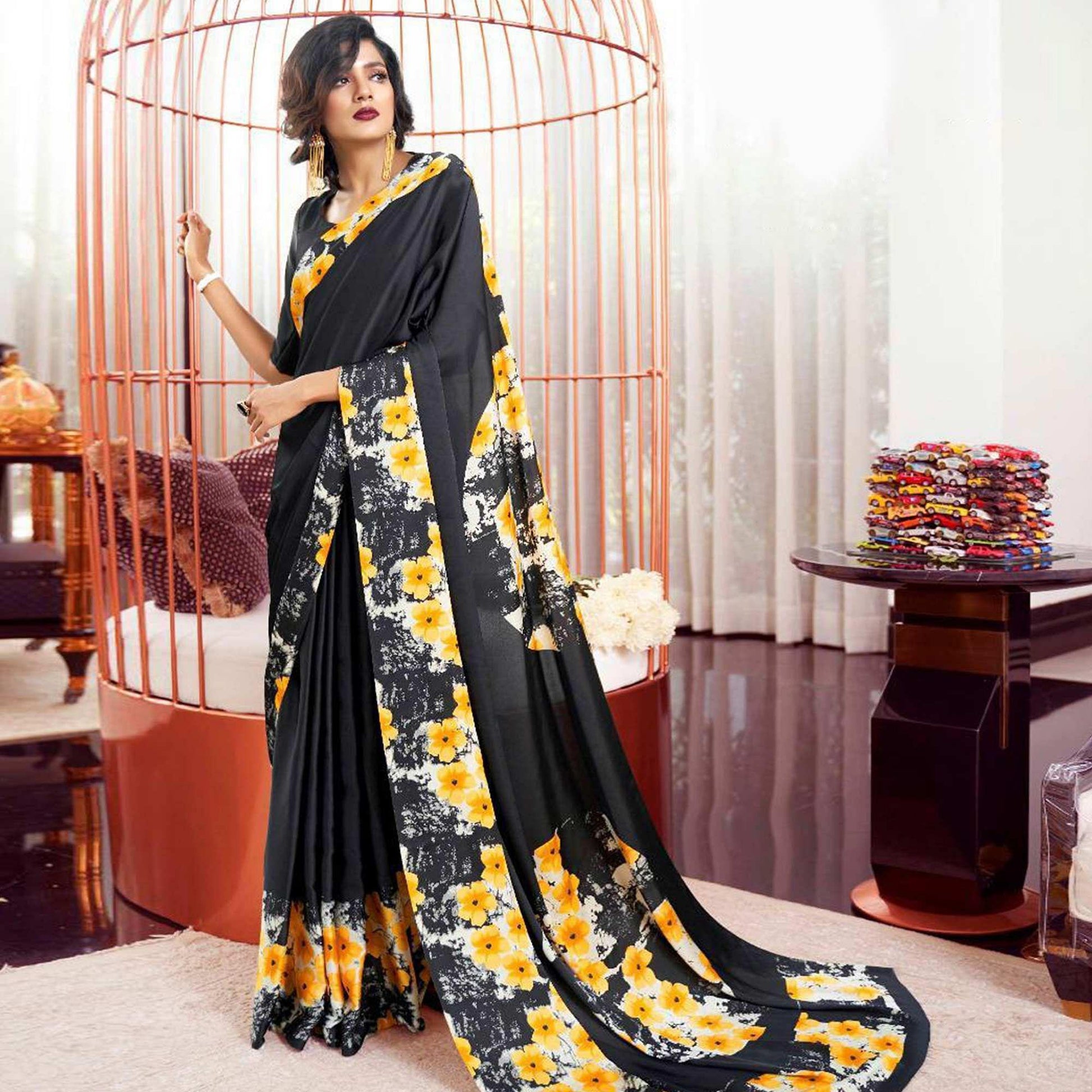 Desirable Black-Yellow Colored Partywear Fancy Printed Japan Satin-Crepe Saree