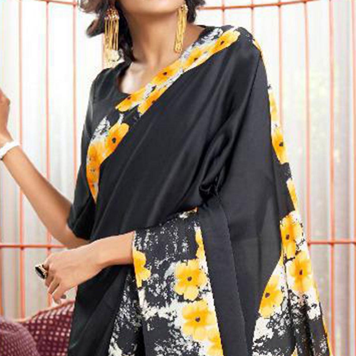 Desirable Black-Yellow Colored Partywear Fancy Printed Japan Satin-Crepe Saree