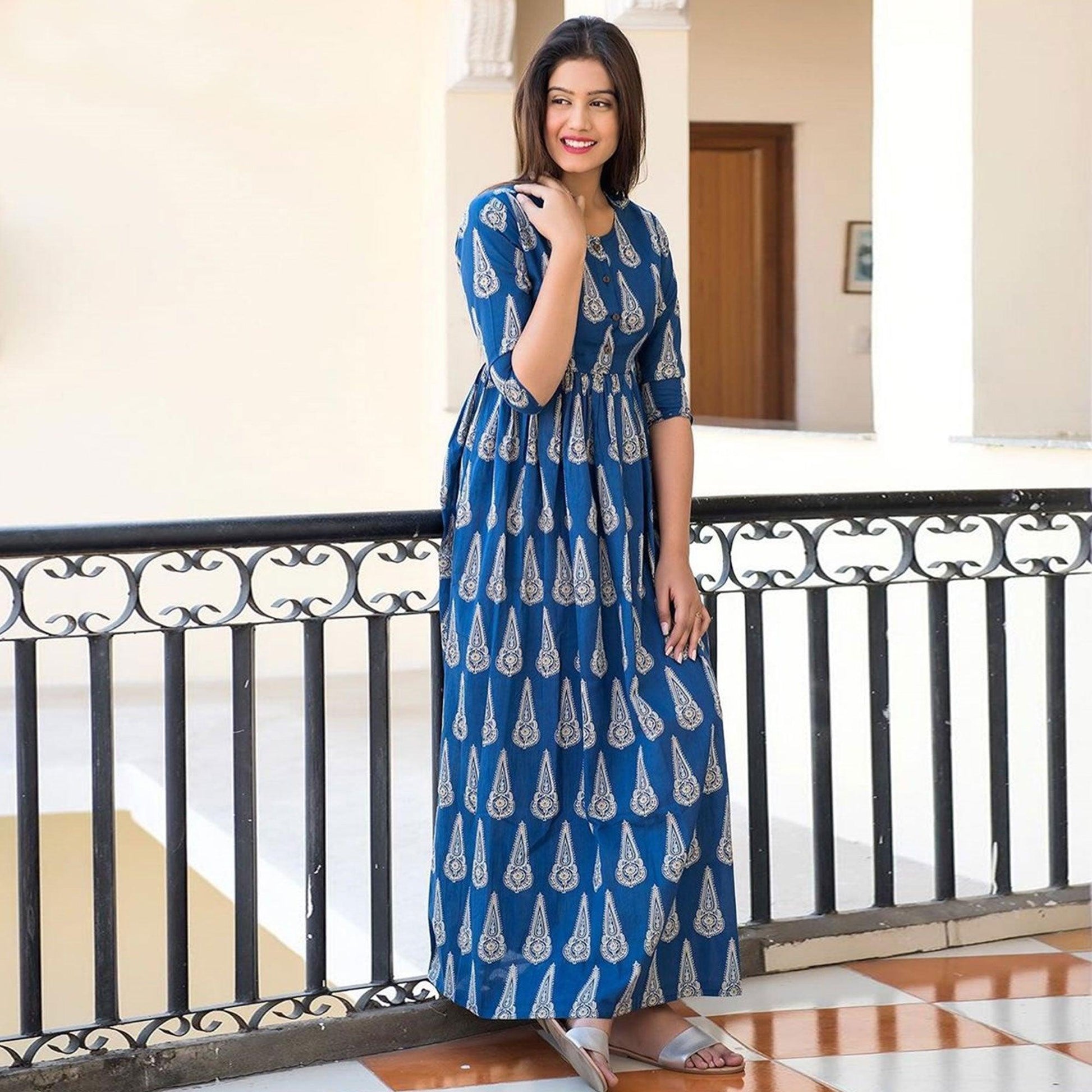 Desirable Blue Colored Casual Printed Muslin Blend Gown