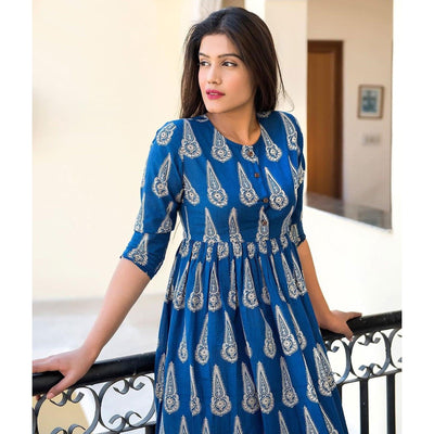 Desirable Blue Colored Casual Printed Muslin Blend Gown