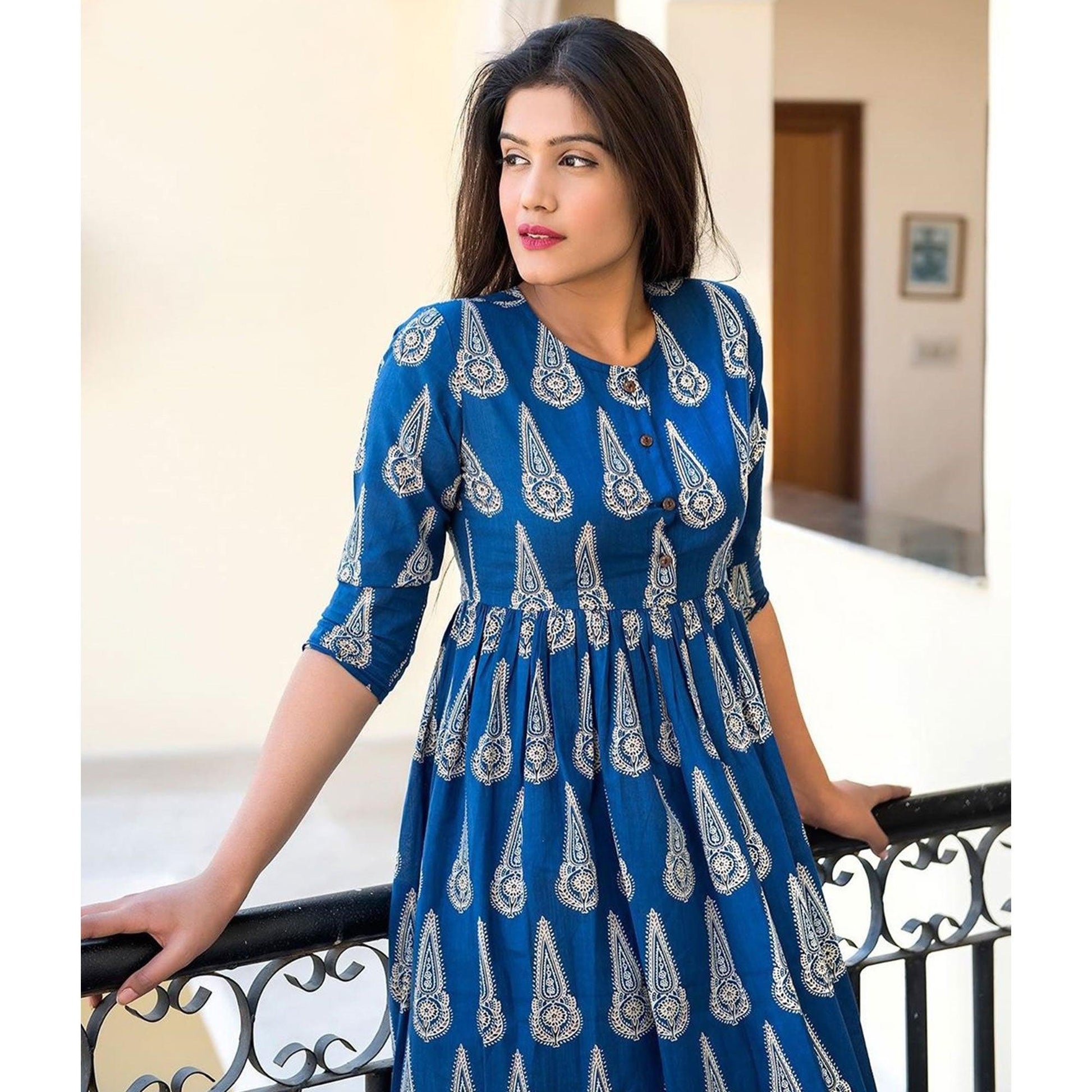 Desirable Blue Colored Casual Printed Muslin Blend Gown