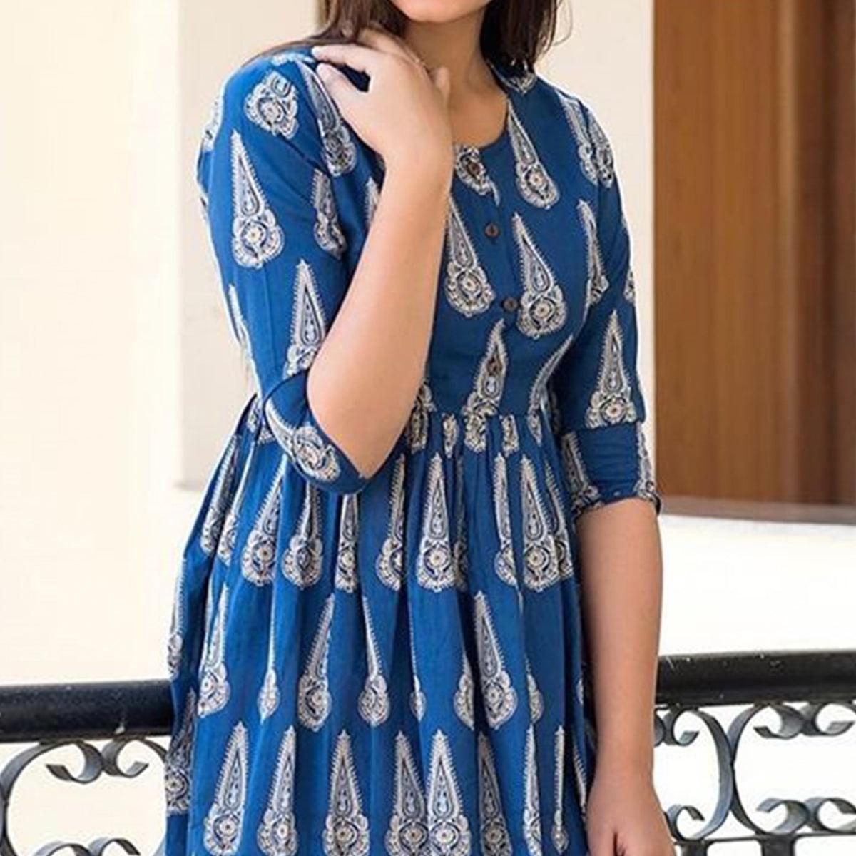 Desirable Blue Colored Casual Printed Muslin Blend Gown