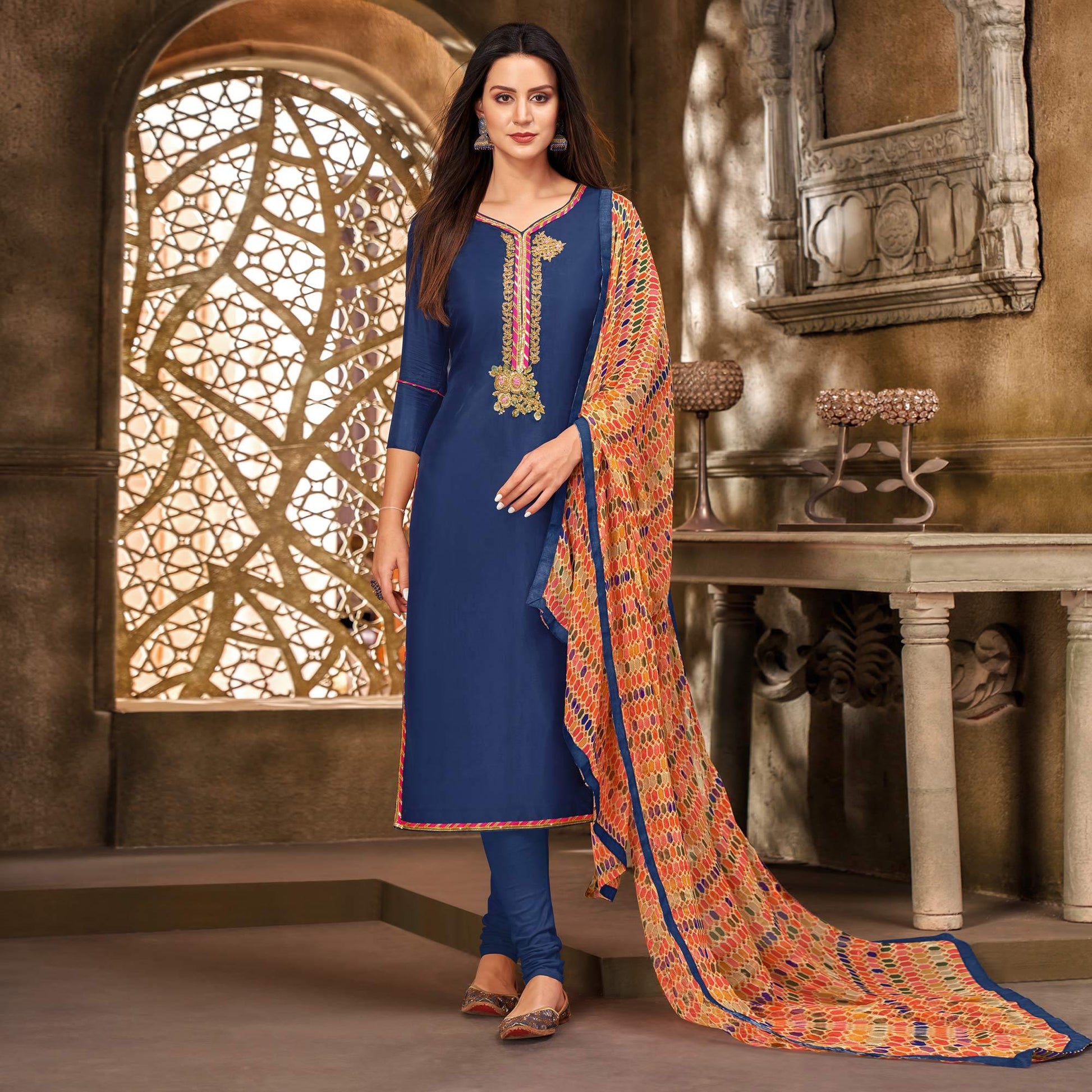 Desirable Blue Colored Casual Wear Embroidered Chanderi Dress Material