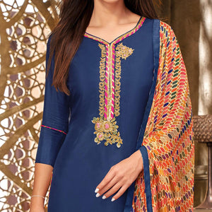Desirable Blue Colored Casual Wear Embroidered Chanderi Dress Material