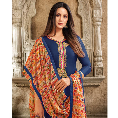 Desirable Blue Colored Casual Wear Embroidered Chanderi Dress Material