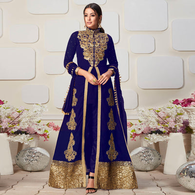 Desirable Blue Colored Party Wear Embroidered Georgette Pant Style Suit