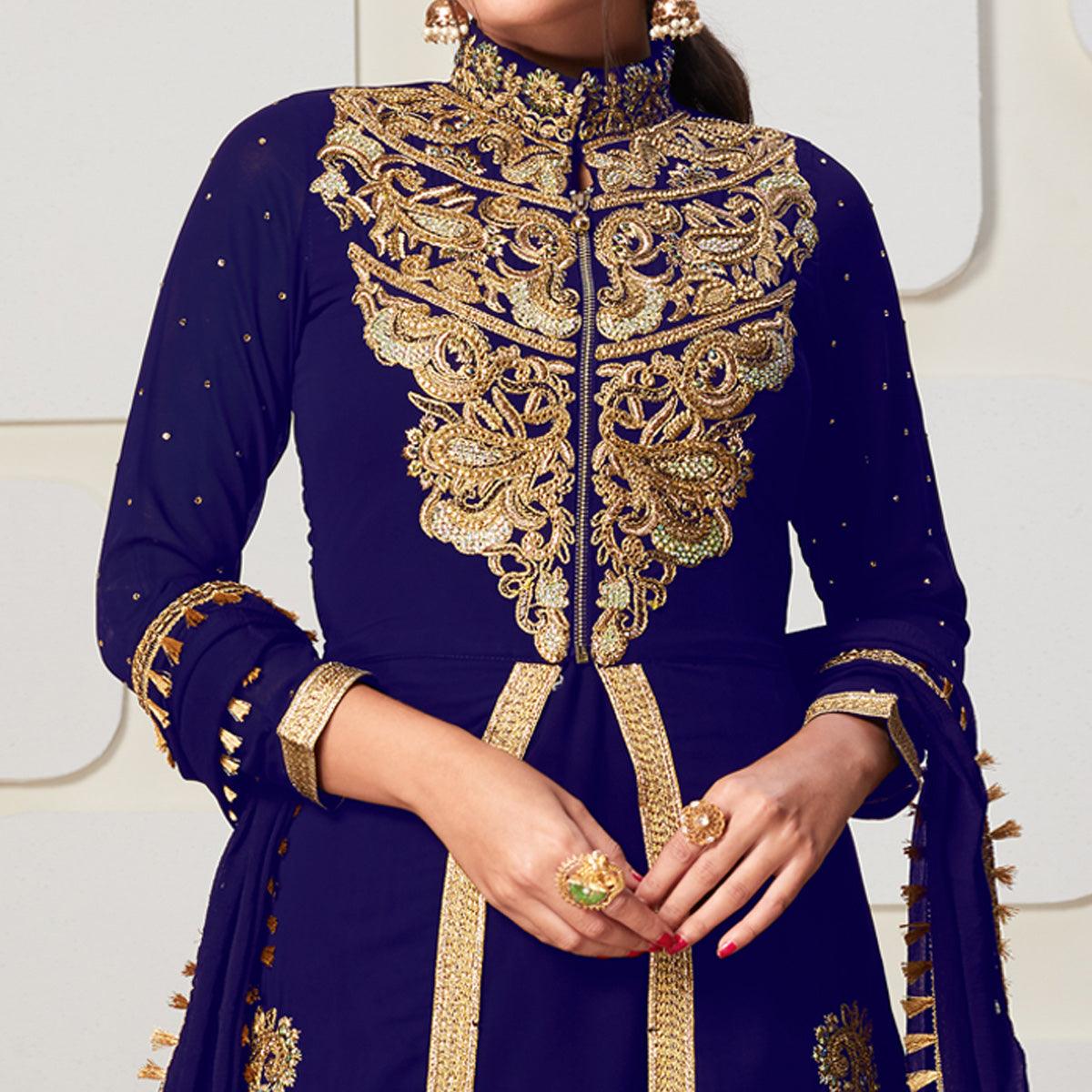 Desirable Blue Colored Party Wear Embroidered Georgette Pant Style Suit