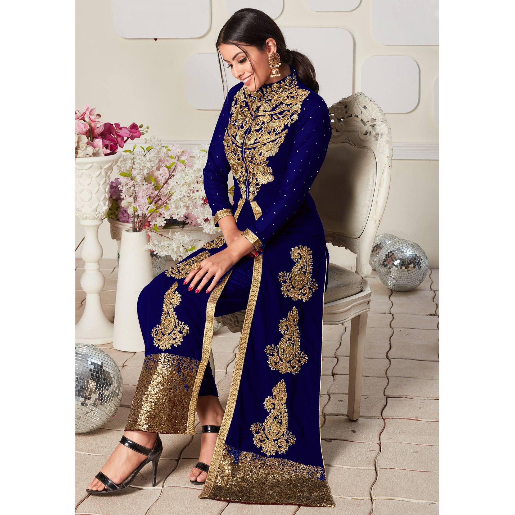 Desirable Blue Colored Party Wear Embroidered Georgette Pant Style Suit