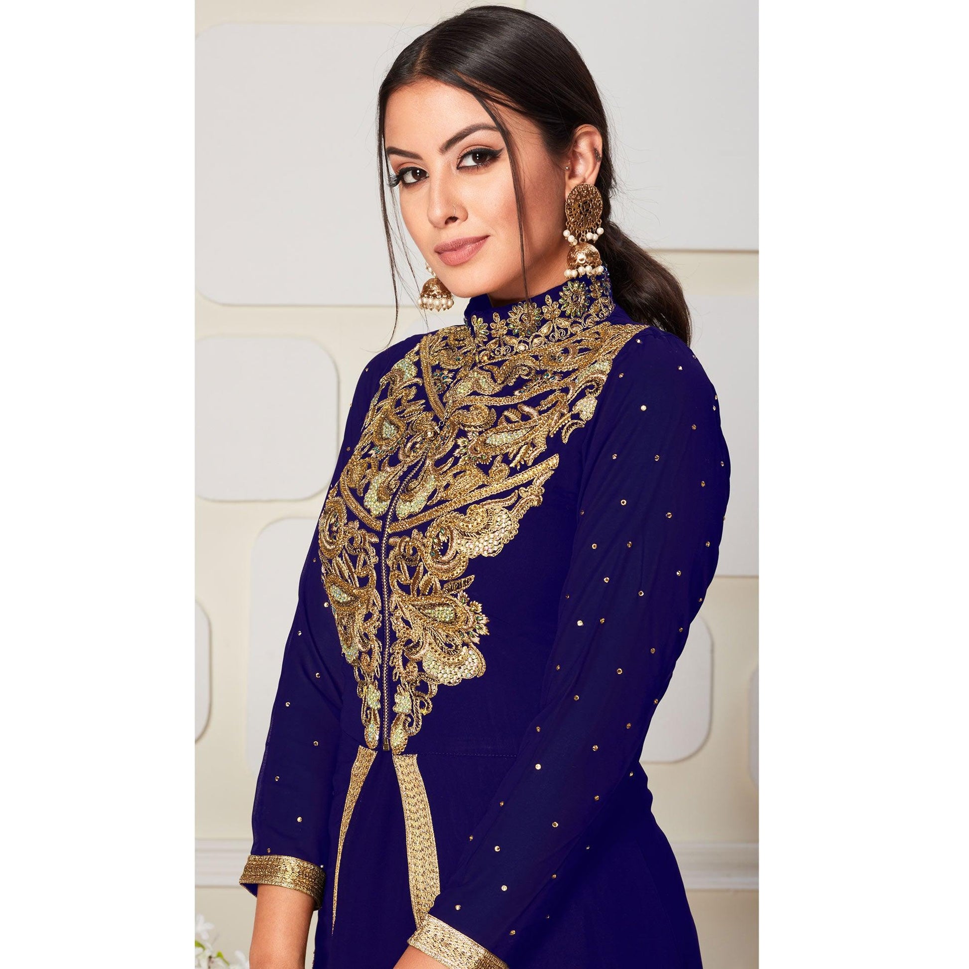 Desirable Blue Colored Party Wear Embroidered Georgette Pant Style Suit