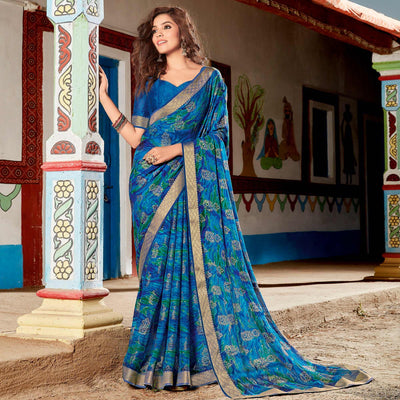Desirable Blue Coloured Partywear Printed Brasso Saree