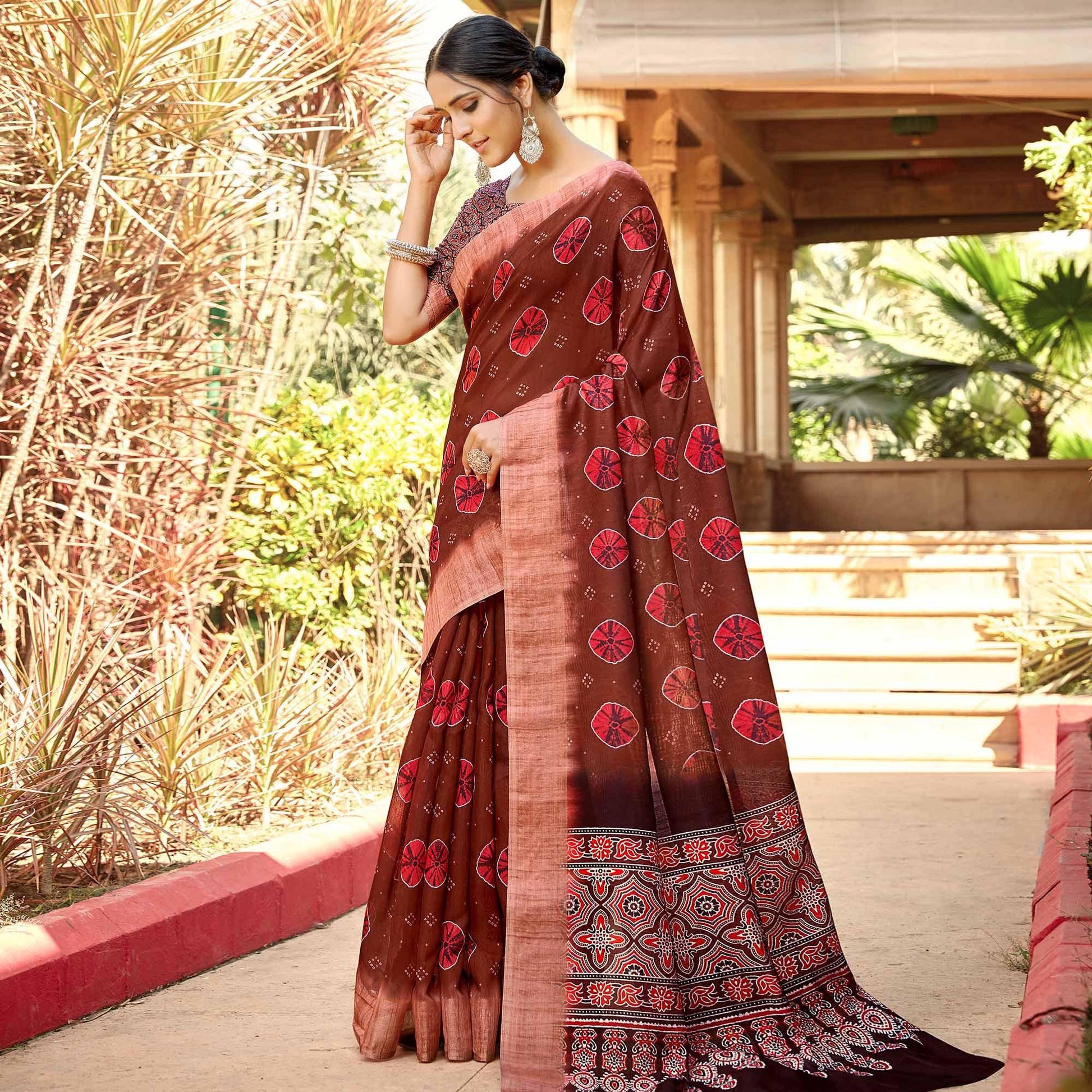 Desirable Brown Colored Digital Printed Festive Wear Linen Designer Saree