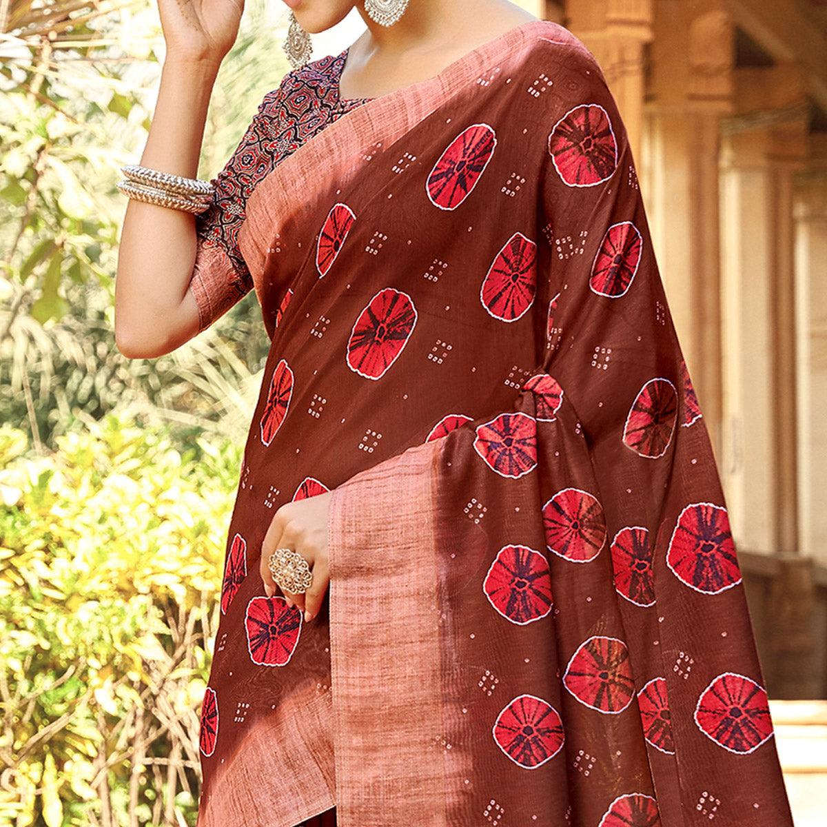 Desirable Brown Colored Digital Printed Festive Wear Linen Designer Saree