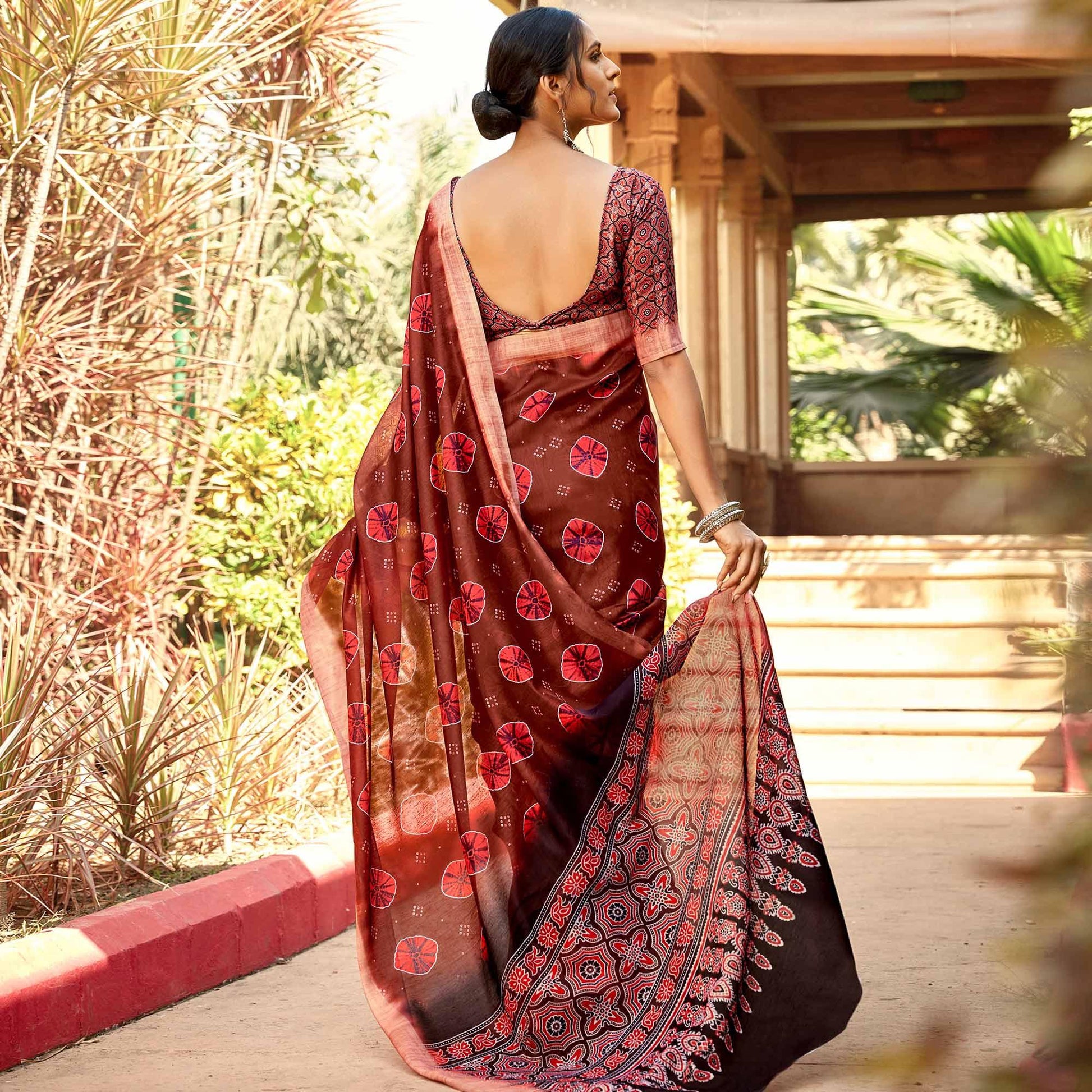 Desirable Brown Colored Digital Printed Festive Wear Linen Designer Saree