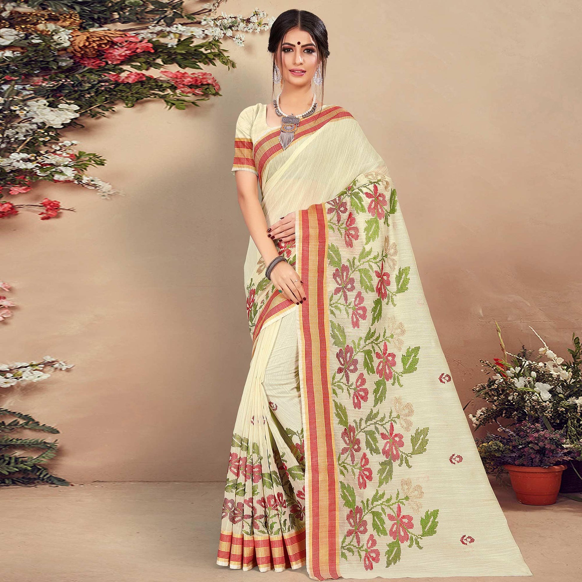 Desirable Cream Colored Casual Wear Floral Printed Cotton Saree